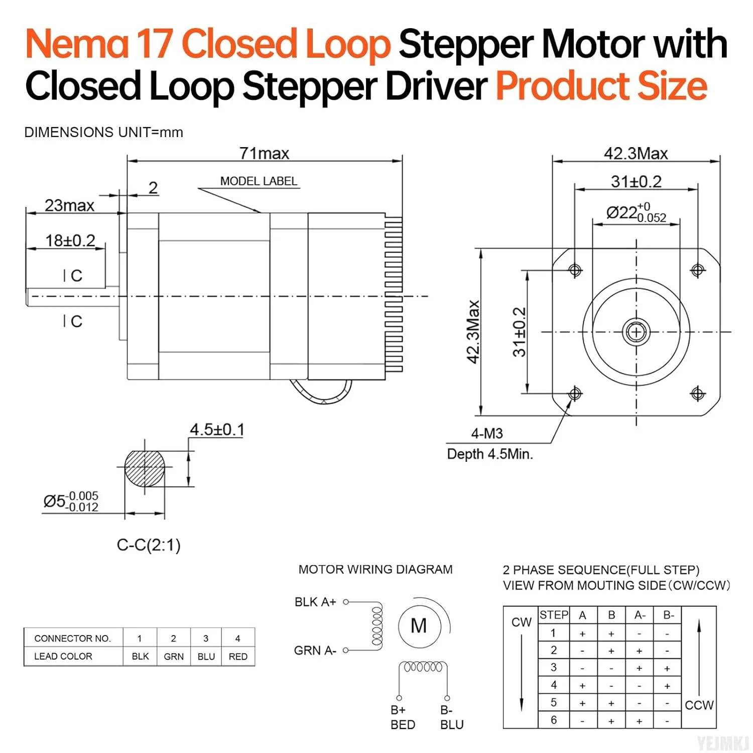 موتور پله‌ای حلقه بسته Nema 17 با درایور حلقه بسته یکپارچه، 1.8 درجه، 2 فاز، گشتاور بالا 0.55 نیوتن‌متر، دو قطبی 2.0 آمپر، 1.5 اهم، کابل 71 میلی‌متری 0.3 متری برای پرینتر سه بعدی، ربات DIY