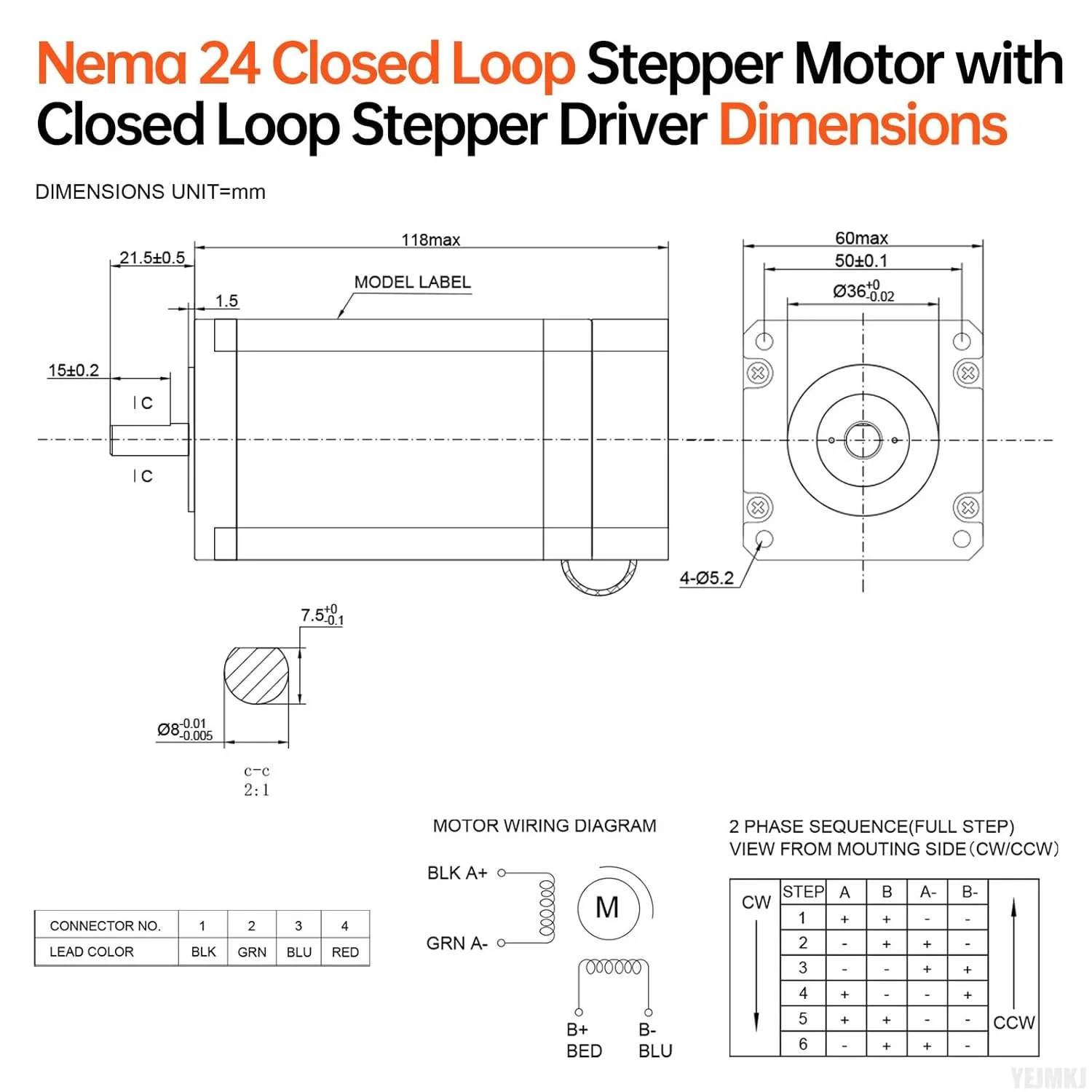 موتور پلهای حلقه بسته Nema 24 با درایور حلقه بسته یکپارچه 1.8 درجه 2 فاز 3.2 نیوتن متر (453.16 اونس در اینچ) گشتاور بالا دو قطبی 0.60 اهم 5.2 آمپر 118 میلیمتر کابل 0.3 متر برای دستگاه CNC تراش فرز موتور پلهای حلقه بسته Nema 24 با درایور حلقه بسته یکپارچه 1.8 درجه 2 فاز 3.2 نیوتن متر (453.16 اونس در اینچ) گشتاور بالا دو قطبی 0.60 اهم 5.2 آمپر 118 میلیمتر کابل 0.3 متر برای دستگاه CNC تراش فرز