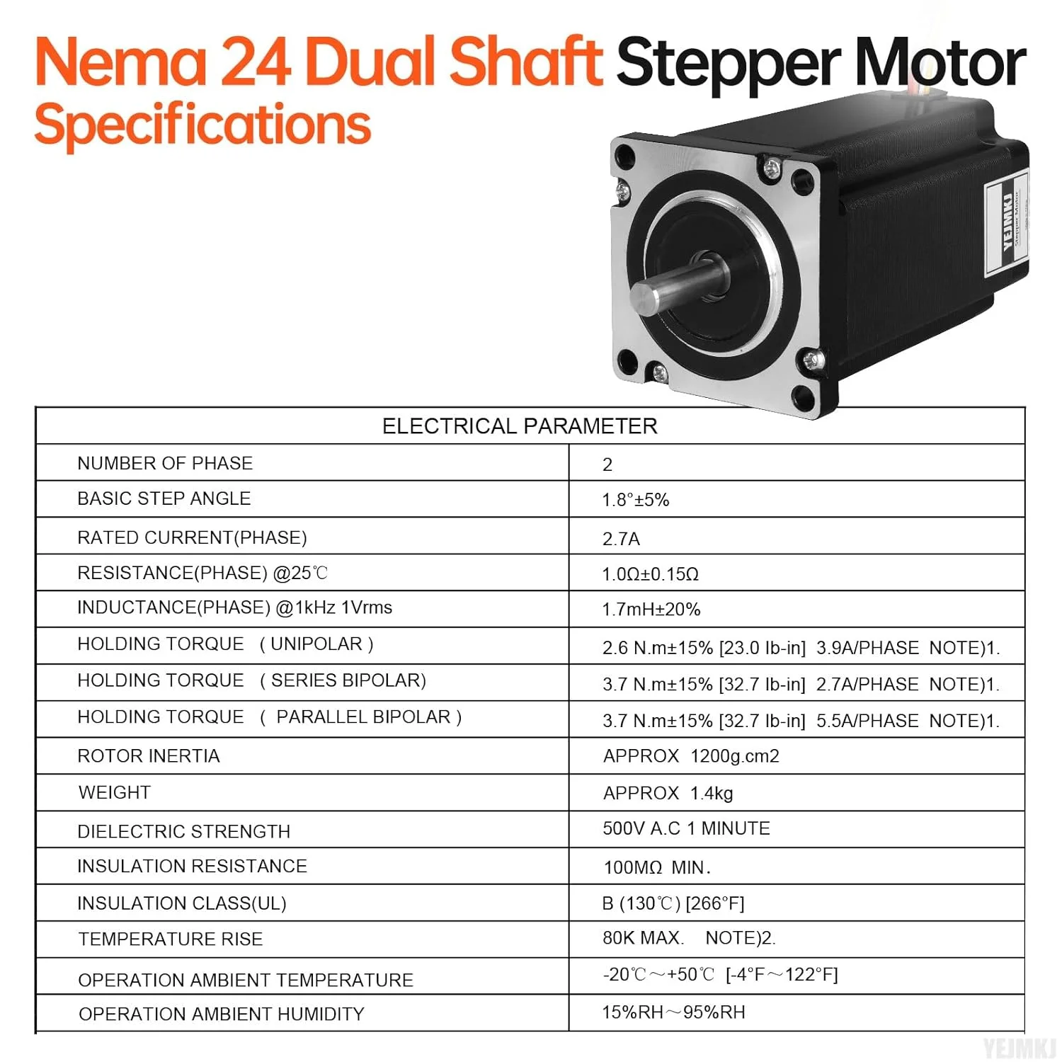 موتور پله‌ای دو شفت Nema 24، گشتاور بالا، 2 فاز، 1.8 درجه، دو قطبی تک قطبی، 2.7 آمپر، 1.0 اهم، 100 میلی‌متر، 8 سیم، دو شفت φ8mm، موتور 60 مرحله‌ای به همراه کابل 1 متری برای دستگاه CNC، پرینتر سه بعدی و ربات‌های DIY