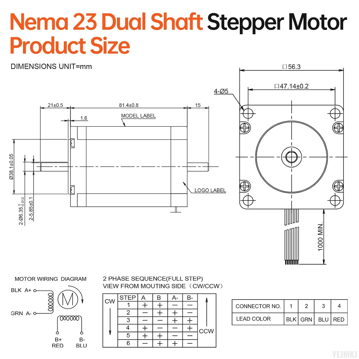 موتور پله ای دو شفت Nema 23 با گشتاور بالا، 2 فاز، 1.8 درجه، دو قطبی تک قطبی، 2.1 آمپر، 0.75 اهم، 82 میلی متر، 8 سیم، دو شفت φ6.35 میلی متر، کابل موتور پله ای 57، 1 متری برای CNC، آسیاب، پرینتر سه بعدی، ربات DIY
