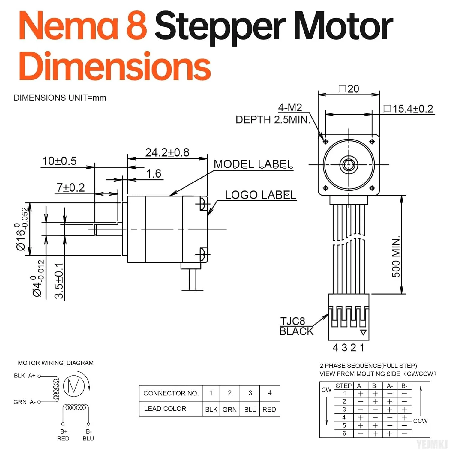 موتور پله‌ای Nema 8، دو فاز، ۱.۸ درجه، ۱.۲ نیوتن‌سانتی‌متر (۱.۷ اونس-اینچ)، گشتاور بالا، دو قطبی، ۲۵ میلی‌متر، ۰.۳ آمپر، ۲۱ اهم، ۴ سیم، شفت ۱۰ میلی‌متر، قطر ۴ میلی‌متر، کابل موتور پله‌ای مینی ۲۰، ۰.۵ متر برای پرینتر سه بعدی، ربات DIY، دستگاه CNC