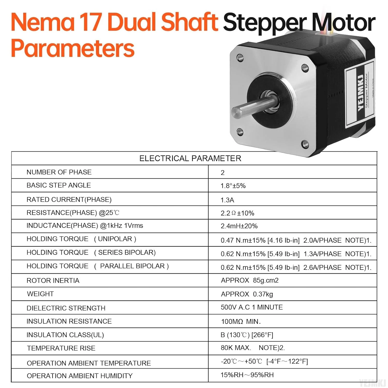 موتور پله ای Nema 17 دو شفت با گشتاور بالا، 2 فاز، 1.8 درجه، دو قطبی/تک قطبی، 1.3 آمپر، 2.2 اهم، 47 میلی متر، 8 سیم، دو شفت φ5 میلی متر، موتور 42 مرحله ای با کابل 1 متری برای پرینتر سه بعدی، ربات DIY و دستگاه CNC
