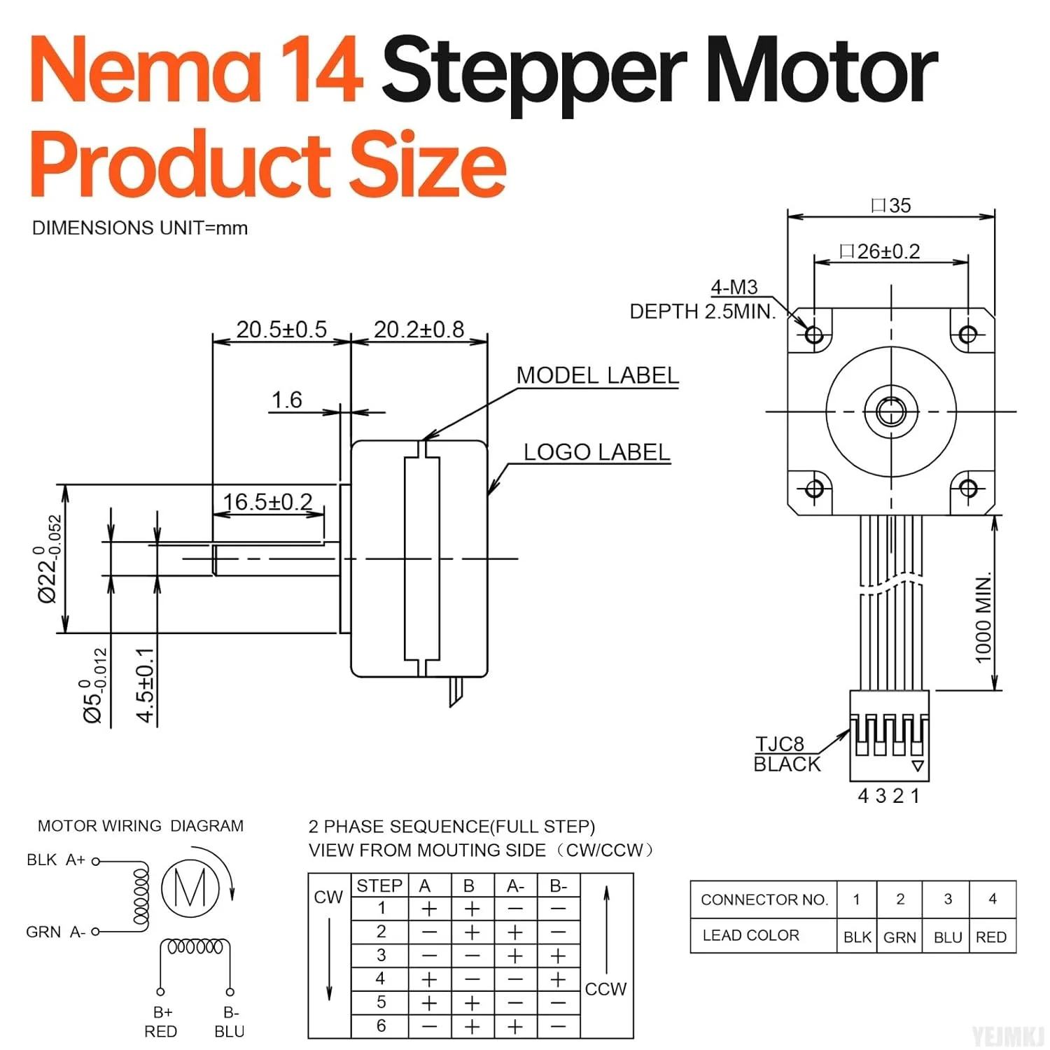 موتور پله ای Nema 14، 1.8 درجه، 2 فاز، گشتاور بالا 7Ncm (9.91oz·in)، دو قطبی 35x21mm، 0.6A، 3.7Ω، 4 سیم، شفت 20.5mm φ5mm، کابل موتور پله ای 35، 1 متری برای پرینتر سه بعدی، ربات DIY، دستگاه CNC
