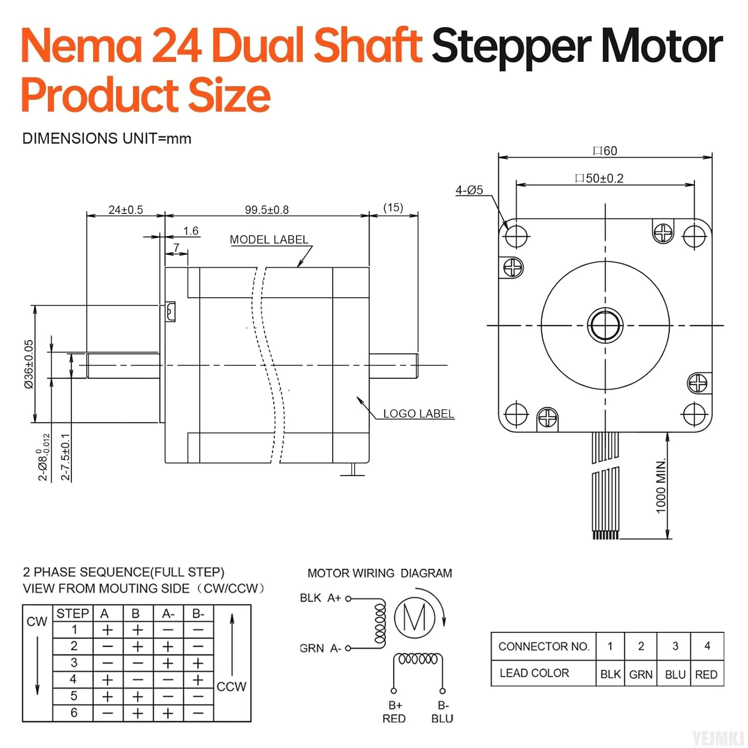 موتور پله‌ای دو شفت Nema 24، گشتاور بالا، 2 فاز، 1.8 درجه، دو قطبی تک قطبی، 2.7 آمپر، 1.0 اهم، 100 میلی‌متر، 8 سیم، دو شفت φ8mm، موتور 60 مرحله‌ای به همراه کابل 1 متری برای دستگاه CNC، پرینتر سه بعدی و ربات‌های DIY