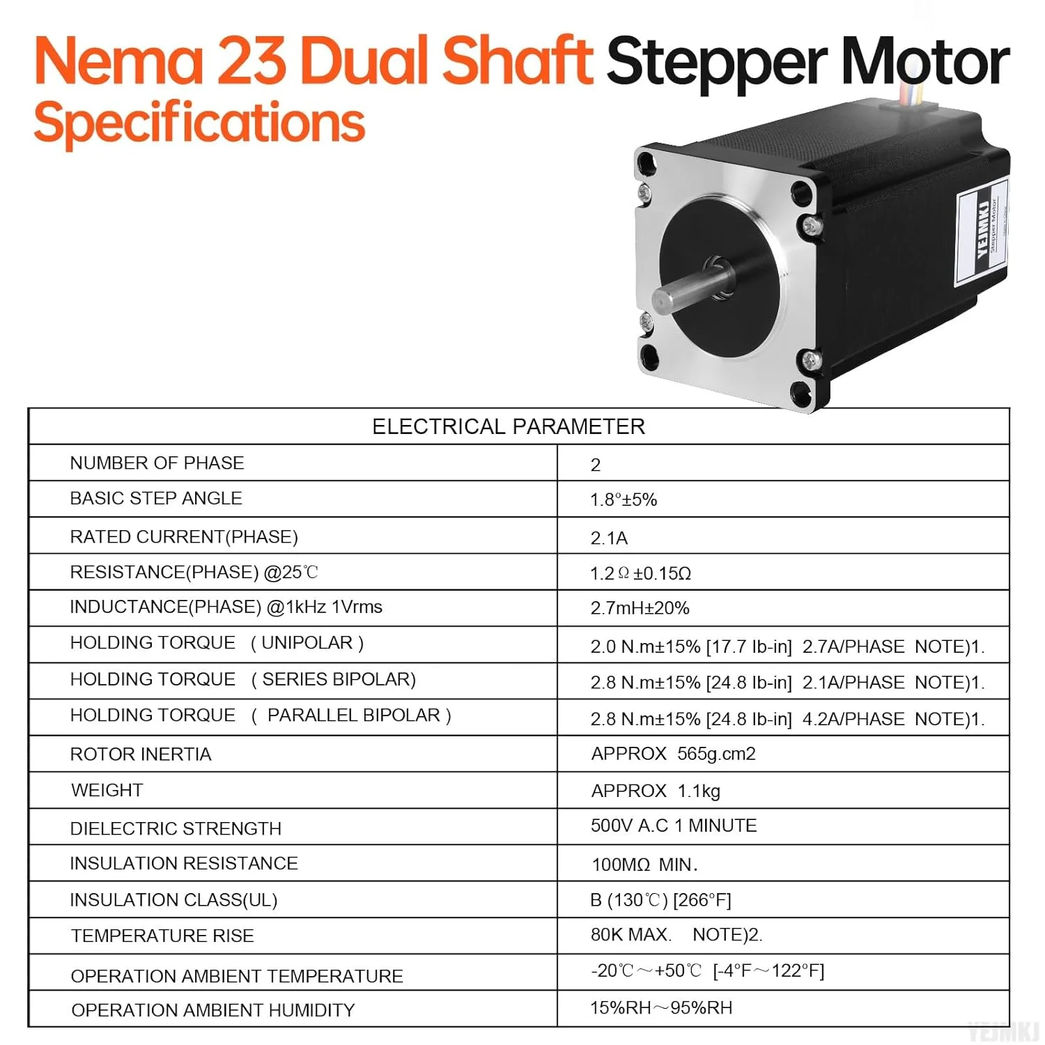 موتور پله ای دو شفت Nema 23 با گشتاور بالا، 2 فاز، 1.8 درجه، دو قطبی تک قطبی، 2.1 آمپر، 0.75 اهم، 82 میلی متر، 8 سیم، دو شفت φ6.35 میلی متر، کابل موتور پله ای 57، 1 متری برای CNC، آسیاب، پرینتر سه بعدی، ربات DIY
