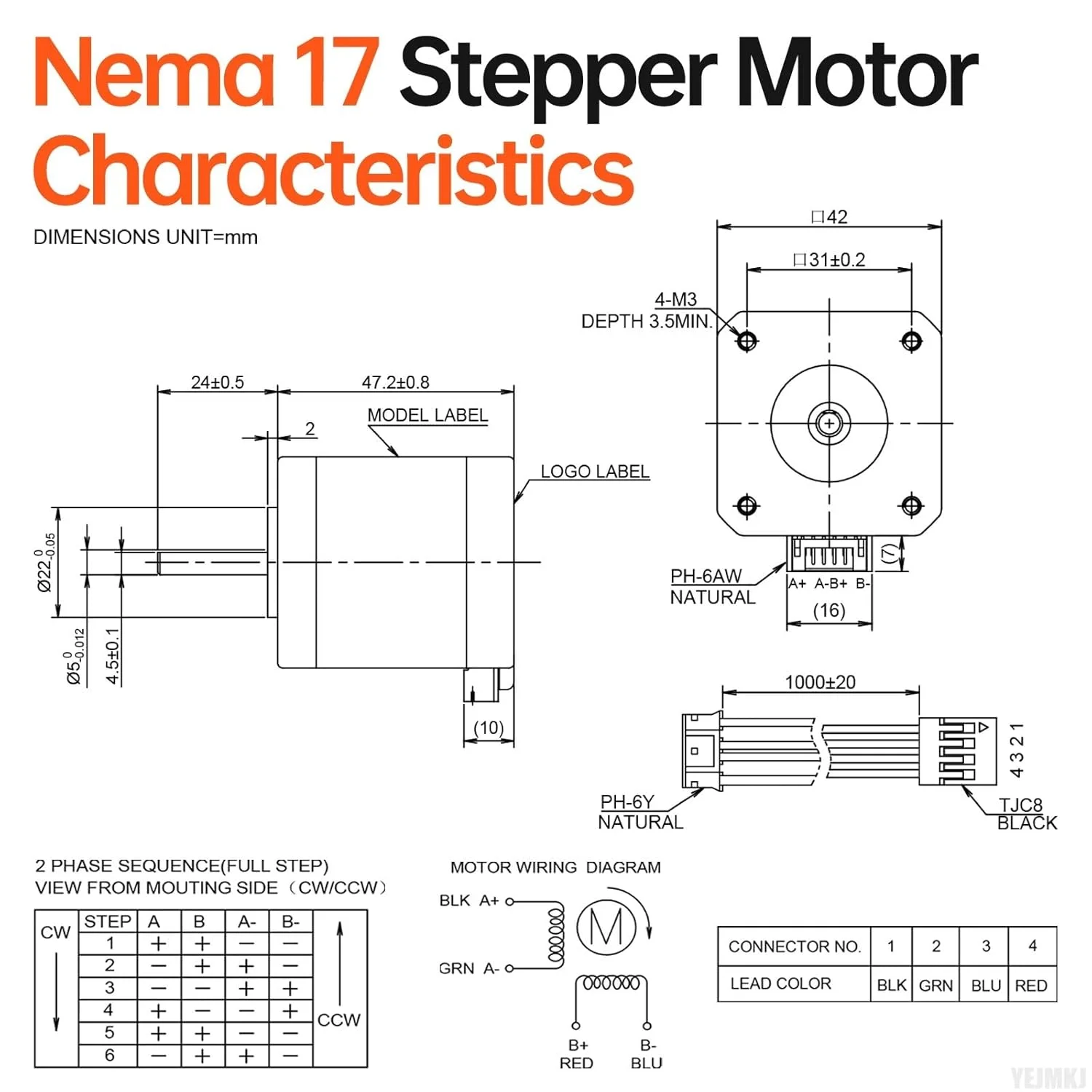 موتور پله ای Nema 17، 1.8 درجه، 2 فاز، گشتاور بالا 0.6Nm (84.97oz·in)، دو قطبی 42x48mm، 2.3A، 1.2Ω، 4 سیمه، شفت 24mm φ5mm، کابل موتور پله ای 42 به طول 1 متر، مناسب برای پرینتر سه بعدی، ربات DIY و دستگاه CNC (5 عددی)