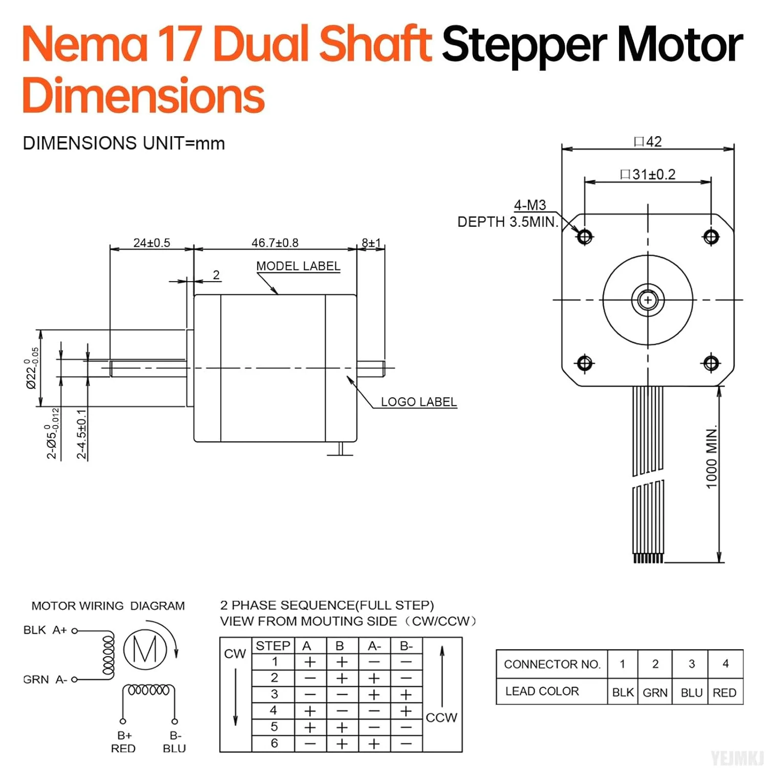 موتور پله ای Nema 17 دو شفت با گشتاور بالا، 2 فاز، 1.8 درجه، دو قطبی/تک قطبی، 1.3 آمپر، 2.2 اهم، 47 میلی متر، 8 سیم، دو شفت φ5 میلی متر، موتور 42 مرحله ای با کابل 1 متری برای پرینتر سه بعدی، ربات DIY و دستگاه CNC