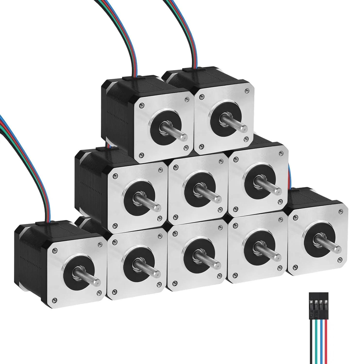 بسته 10 عددی موتور پله ای Nema 17، 2 فاز، 1.8 درجه، 0.6 نیوتن متر (84.97oz·in)، گشتاور بالا، دو قطبی 47 میلی متر، 1.6Ω، 2.3 آمپر، 4 سیم، شفت 24 میلی متر φ5 میلی متر، کابل 1 متری موتور پله ای 42 برای پرینتر سه بعدی، ربات DIY، دستگاه CNC