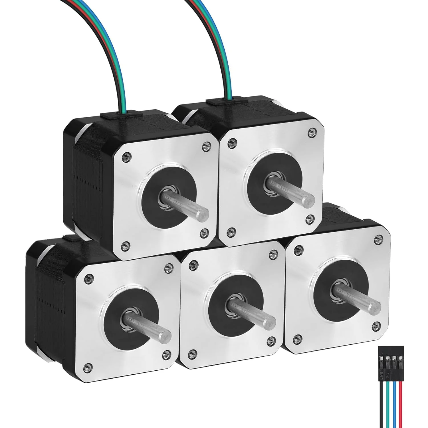 موتور پله‌ای Nema 17، 5 عددی، 2 فاز، 1.8 درجه، 0.47 نیوتن‌متر (66.56oz·in)، گشتاور بالا، دو قطبی 38 میلی‌متر، 2.1Ω، 1.7 آمپر، 4 سیم، شفت 24 میلی‌متر φ5 میلی‌متر، کابل موتور پله‌ای 42، 1 متری برای پرینتر سه بعدی، ربات DIY، دستگاه CNC