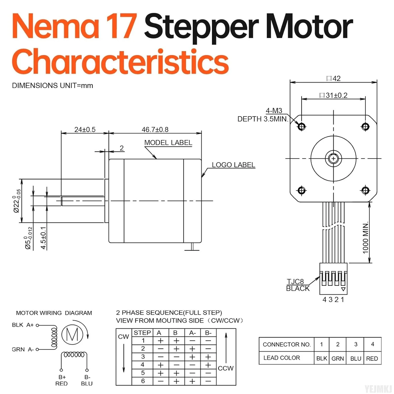 موتور پله‌ای Nema 17، 3 عددی، 2 فاز، 1.8 درجه، 0.6 نیوتن‌متر (84.97 اونس-اینچ)، گشتاور بالا، دو قطبی، 47 میلی‌متر، 2.3 آمپر، 1.6 اهم، 4 سیم، شفت 24 میلی‌متر φ5 میلی‌متر، کابل 1 متری موتور پله‌ای 42 برای پرینتر سه بعدی، ربات DIY، ماشین CNC