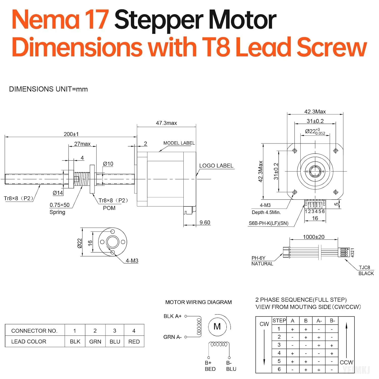موتور پله‌ای Nema 17 مدل TR8x8 200mm به همراه پیچ سربی T8 با زاویه گام 1.8 درجه، 2 فاز، گشتاور بالا 0.55Nm (77.89oz·in)، جریان 1.7A، مقاومت 2.0Ω، دو قطبی 42x48mm، کابل اتصال 4 سیمه 1 متری برای پرینتر سه بعدی، ربات DIY و CNC