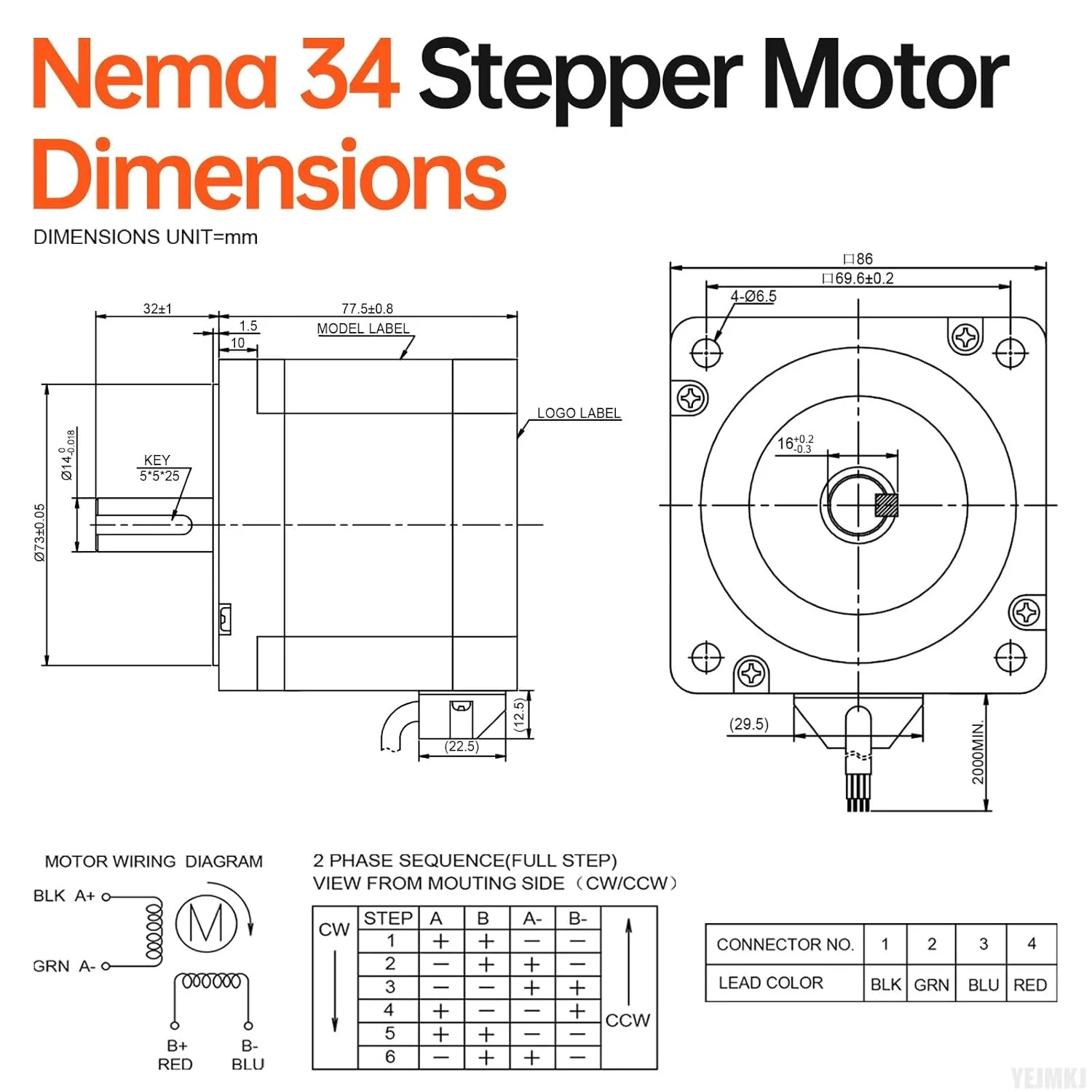 موتور پله ای Nema 34، 1.8 درجه، 2 فاز، گشتاور بالا 5.2 نیوتن متر، دو قطبی 86x78 میلی متر، 6.4 آمپر، 0.4 اهم، 4 سیم، شفت 32 میلی متر φ14 میلی متر، کابل موتور پله ای 86 به طول 2 متر برای دستگاه CNC، تراش، روتر، پرینتر سه بعدی و ربات DIY