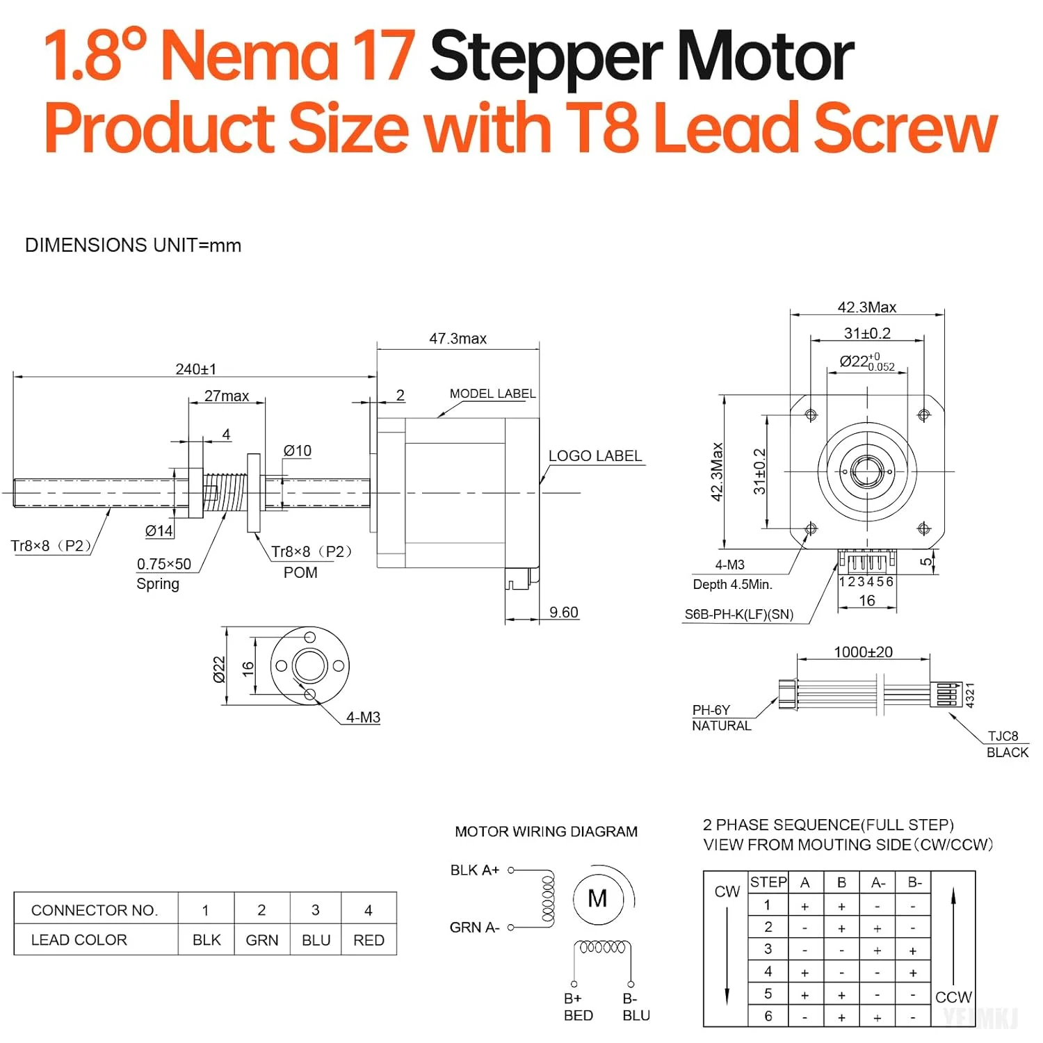 موتور پله‌ای Nema 17 مدل TR8x8 240mm به همراه پیچ سربی T8، دو فاز، 1.8 درجه، گشتاور بالا 0.55Nm (77.89oz·in)، دوقطبی 1.7A 2.0Ω 48mm، موتور 42 پله، کابل اتصال 4 سیمه 1 متری برای پرینتر سه بعدی، ربات DIY و CNC