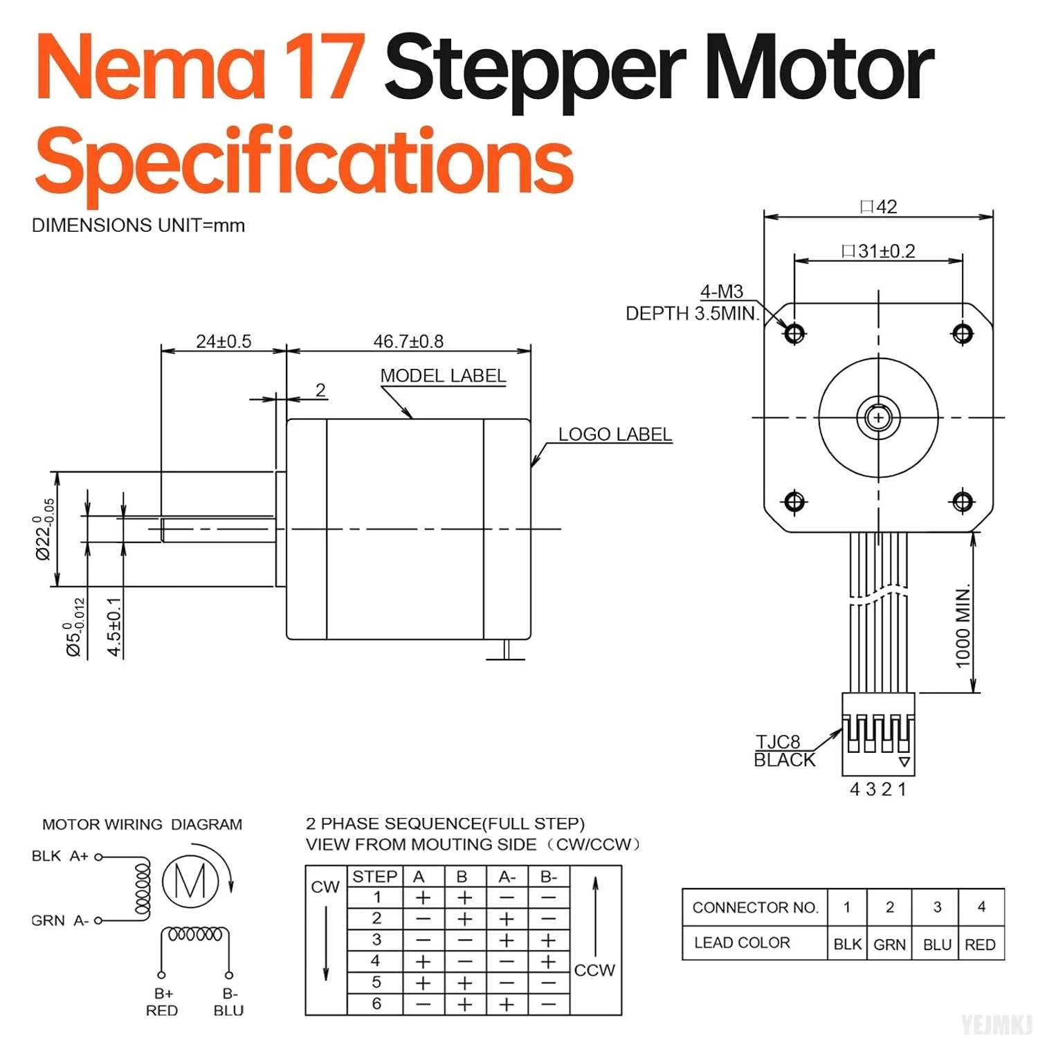 بسته 10 عددی موتور پله ای Nema 17، 2 فاز، 1.8 درجه، 0.6 نیوتن متر (84.97oz·in)، گشتاور بالا، دو قطبی 47 میلی متر، 1.6Ω، 2.3 آمپر، 4 سیم، شفت 24 میلی متر φ5 میلی متر، کابل 1 متری موتور پله ای 42 برای پرینتر سه بعدی، ربات DIY، دستگاه CNC