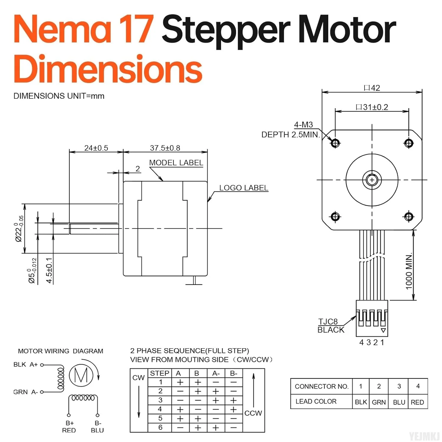 موتور پله‌ای Nema 17، 5 عددی، 2 فاز، 1.8 درجه، 0.47 نیوتن‌متر (66.56oz·in)، گشتاور بالا، دو قطبی 38 میلی‌متر، 2.1Ω، 1.7 آمپر، 4 سیم، شفت 24 میلی‌متر φ5 میلی‌متر، کابل موتور پله‌ای 42، 1 متری برای پرینتر سه بعدی، ربات DIY، دستگاه CNC