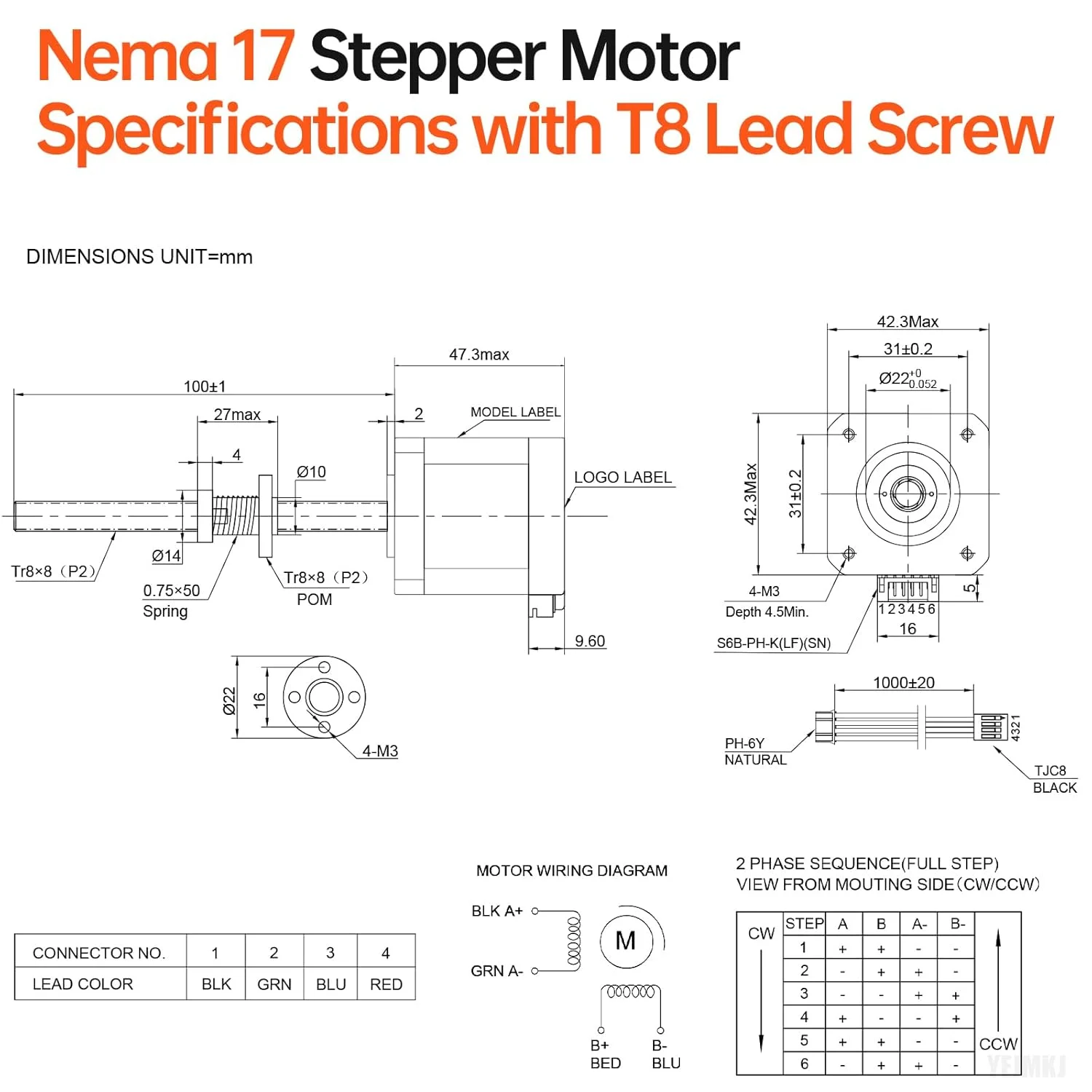 Nema 17 Stepper Motor TR8x8 100mm with T8 Lead Screw 1.8‌°‌ 2 Phase High Torque 0.55Nm (77.89oz·in) Bipolar 1.7A 2.0Ω 48mm 42 Step Motor 4-Wire Connector Cable 1M for 3D Printer DIY Robot CNC