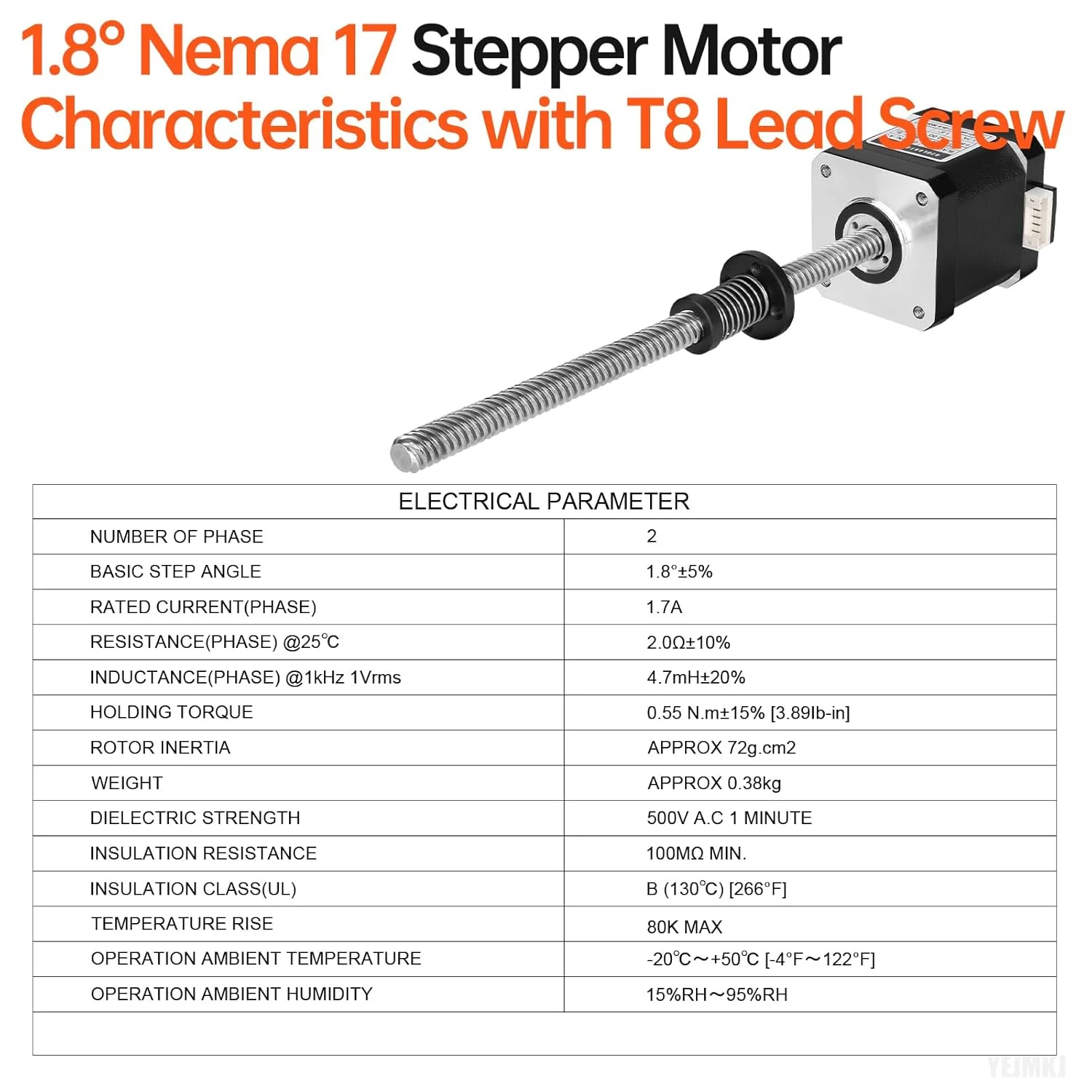موتور پله‌ای Nema 17 مدل TR8x8 200mm به همراه پیچ سربی T8 با زاویه گام 1.8 درجه، 2 فاز، گشتاور بالا 0.55Nm (77.89oz·in)، جریان 1.7A، مقاومت 2.0Ω، دو قطبی 42x48mm، کابل اتصال 4 سیمه 1 متری برای پرینتر سه بعدی، ربات DIY و CNC
