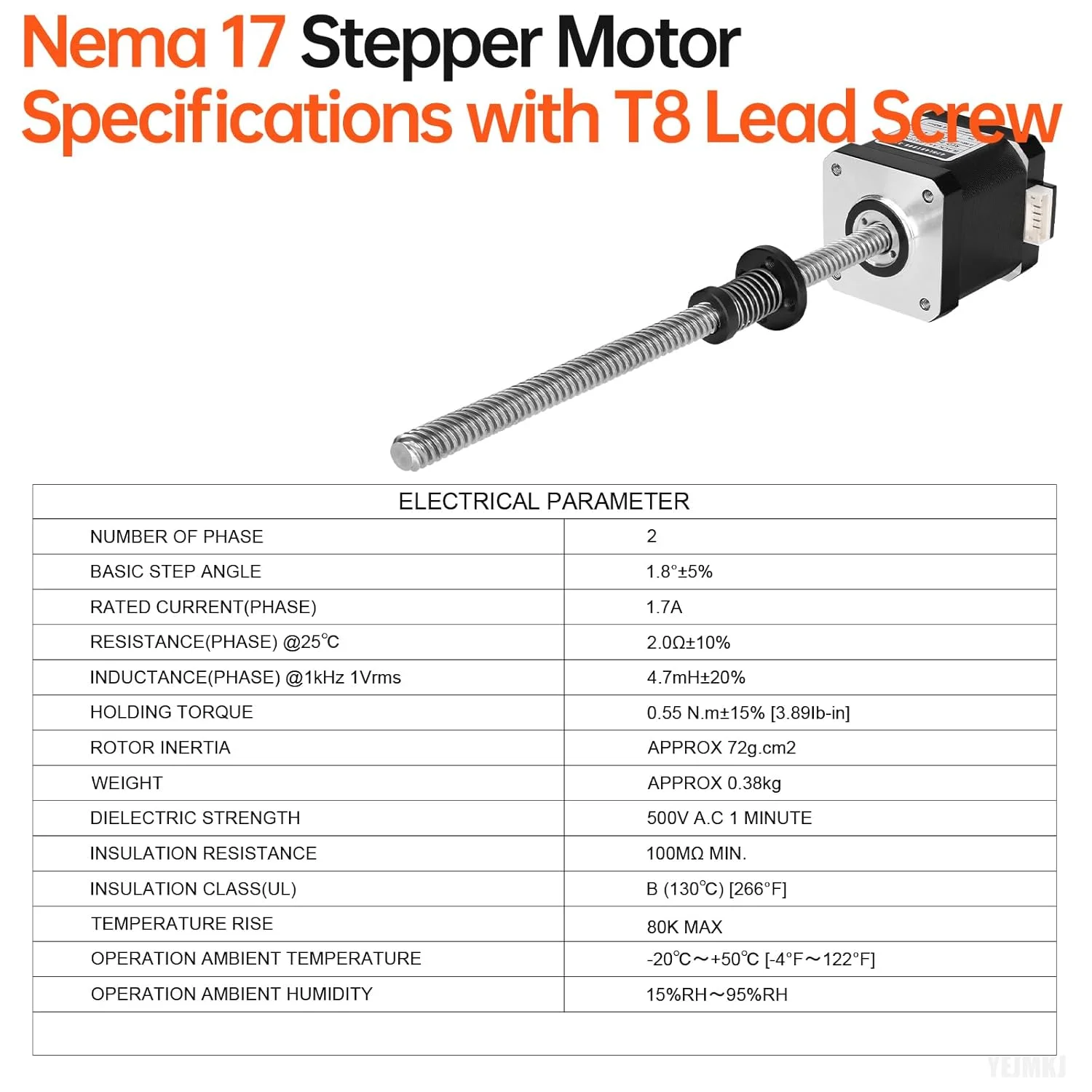 موتور پله‌ای Nema 17 مدل TR8x8 240mm به همراه پیچ سربی T8، دو فاز، 1.8 درجه، گشتاور بالا 0.55Nm (77.89oz·in)، دوقطبی 1.7A 2.0Ω 48mm، موتور 42 پله، کابل اتصال 4 سیمه 1 متری برای پرینتر سه بعدی، ربات DIY و CNC