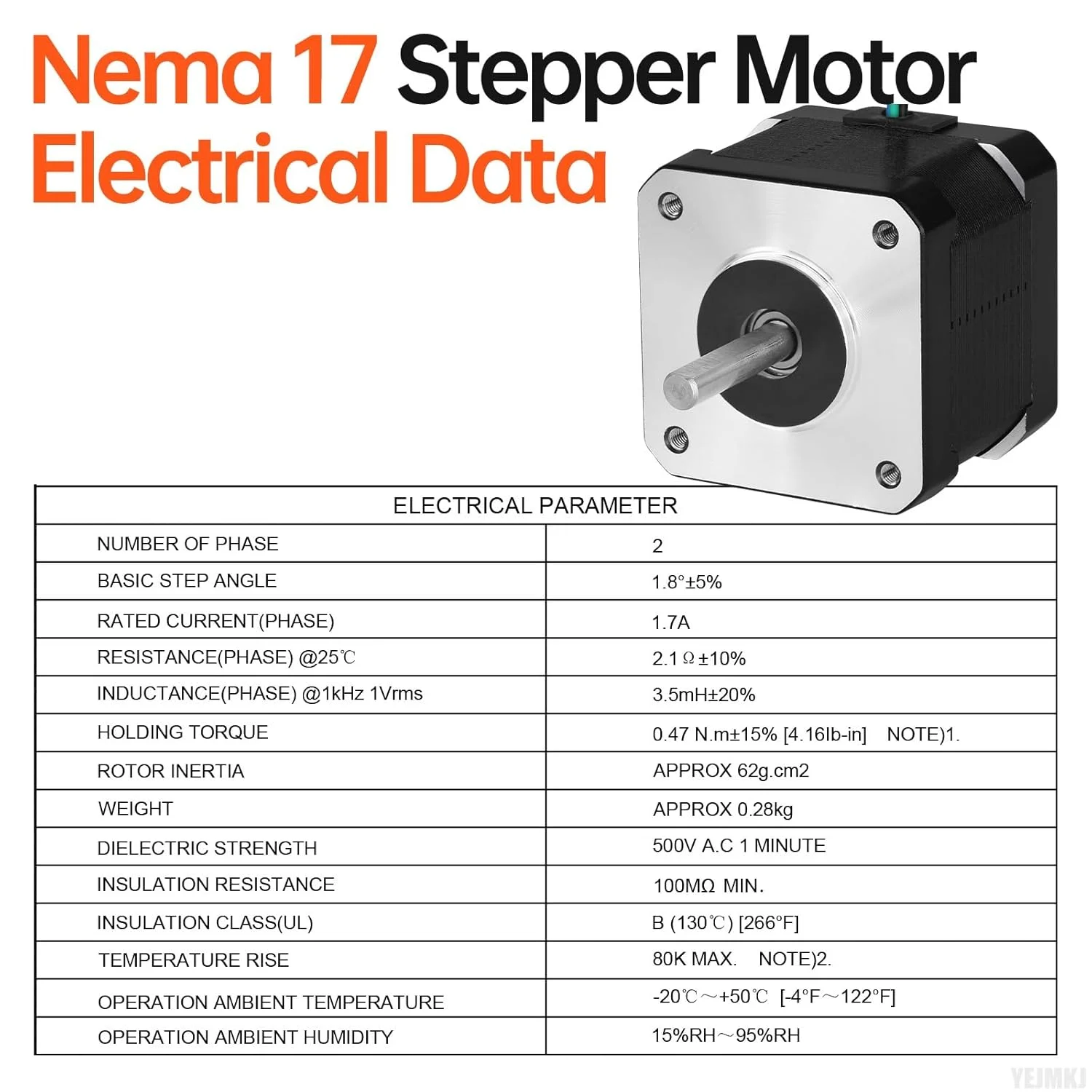 موتور پله‌ای Nema 17، 5 عددی، 2 فاز، 1.8 درجه، 0.47 نیوتن‌متر (66.56oz·in)، گشتاور بالا، دو قطبی 38 میلی‌متر، 2.1Ω، 1.7 آمپر، 4 سیم، شفت 24 میلی‌متر φ5 میلی‌متر، کابل موتور پله‌ای 42، 1 متری برای پرینتر سه بعدی، ربات DIY، دستگاه CNC