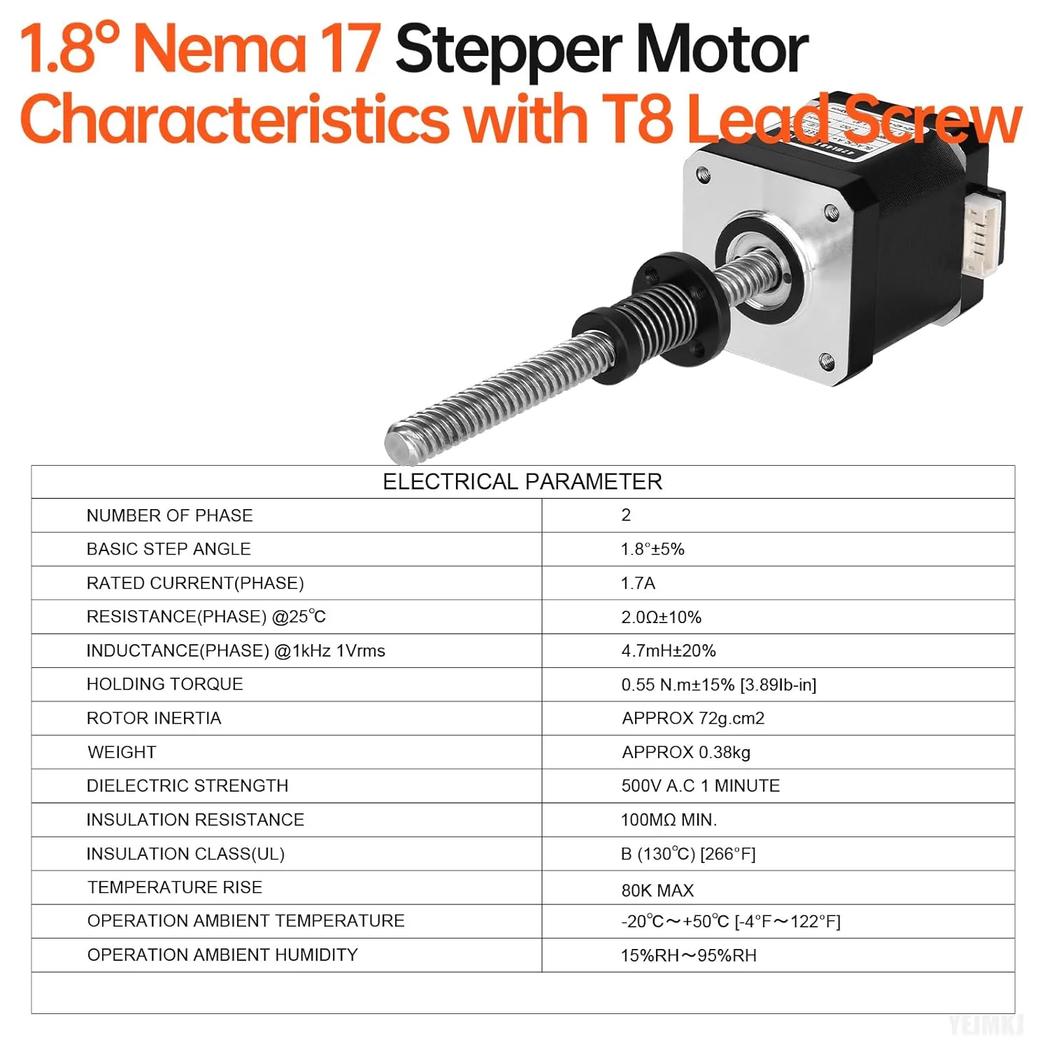 Nema 17 Stepper Motor TR8x8 100mm with T8 Lead Screw 1.8‌°‌ 2 Phase High Torque 0.55Nm (77.89oz·in) Bipolar 1.7A 2.0Ω 48mm 42 Step Motor 4-Wire Connector Cable 1M for 3D Printer DIY Robot CNC