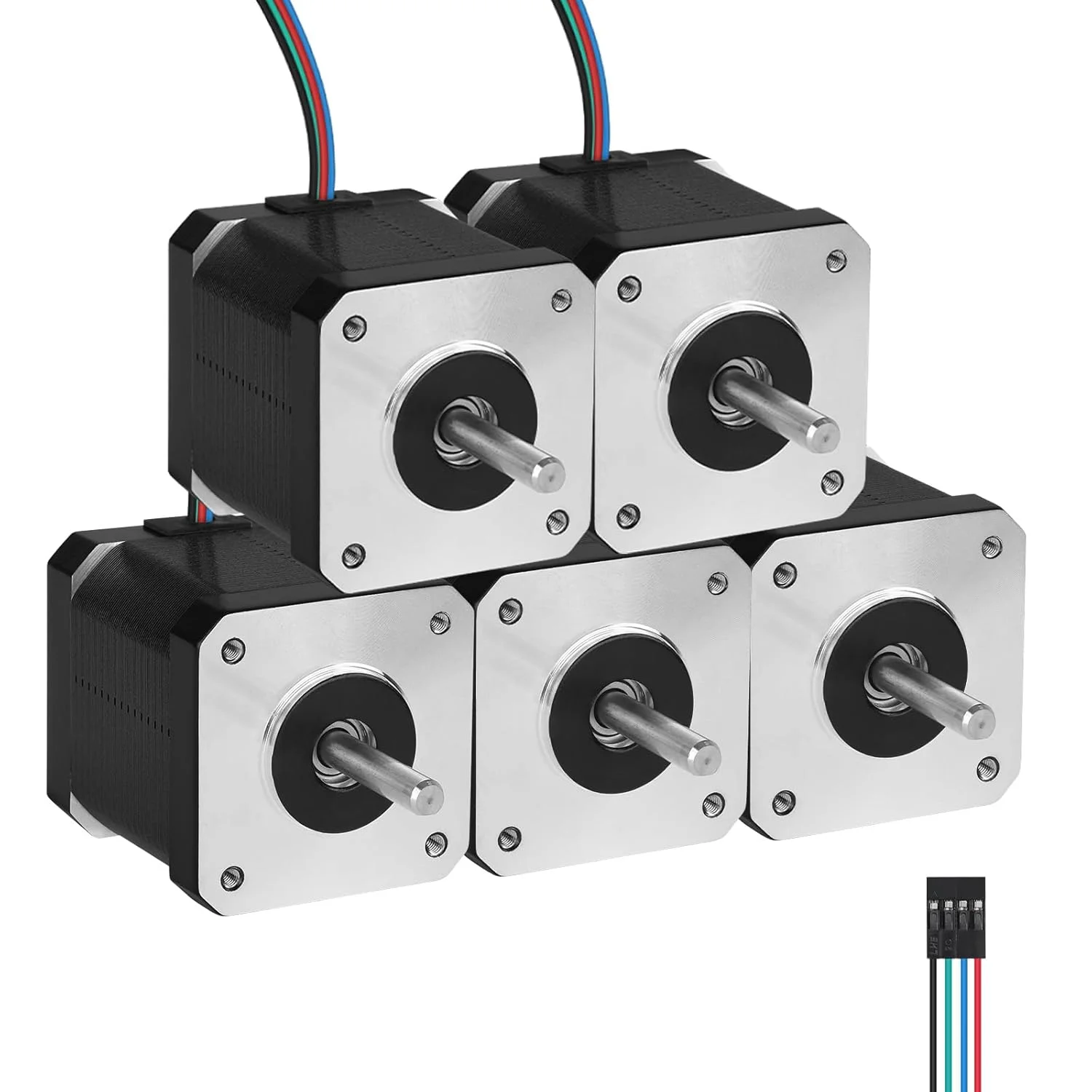 مجموعه 5 عددی موتور پله‌ای Nema 17، 1.8 درجه، 2 فاز، گشتاور بالا 0.6Nm (84.97oz·in)، دو قطبی 42x47mm، 2.3A، 1.6Ω، 4 سیم، شفت 24mm φ5mm، کابل 1 متری موتور پله‌ای 42 برای پرینتر سه بعدی، ربات DIY، دستگاه CNC