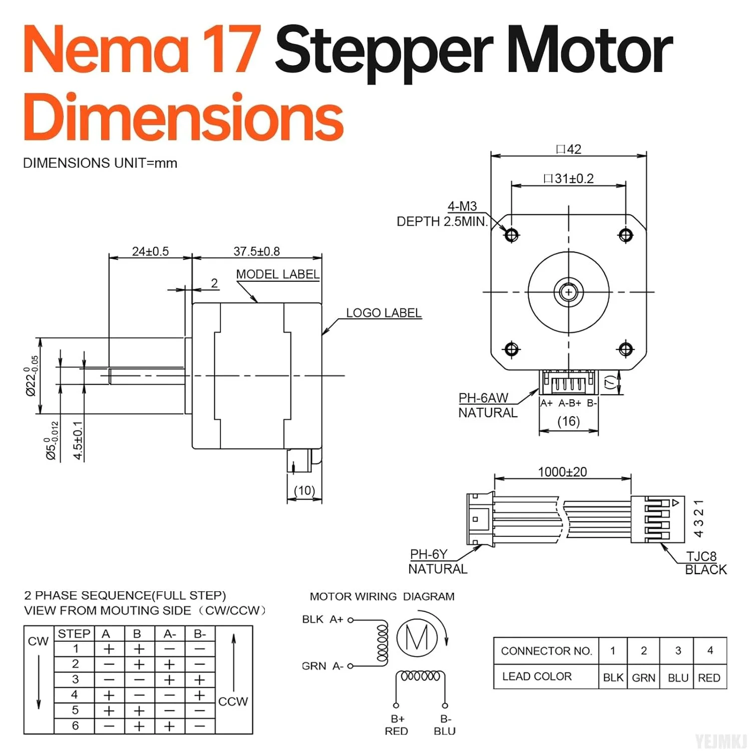موتور پله ای Nema 17، دو فاز، 1.8 درجه، 0.47 نیوتن متر، گشتاور بالا، دو قطبی 38 میلی متر، 1.7 اهم، 1.7 آمپر، 4 سیم، شفت 24 میلی متر، φ5 میلی متر، کابل 1 متری موتور پله ای 42 برای پرینتر سه بعدی، ربات DIY، ماشین CNC (بسته 5 عددی)