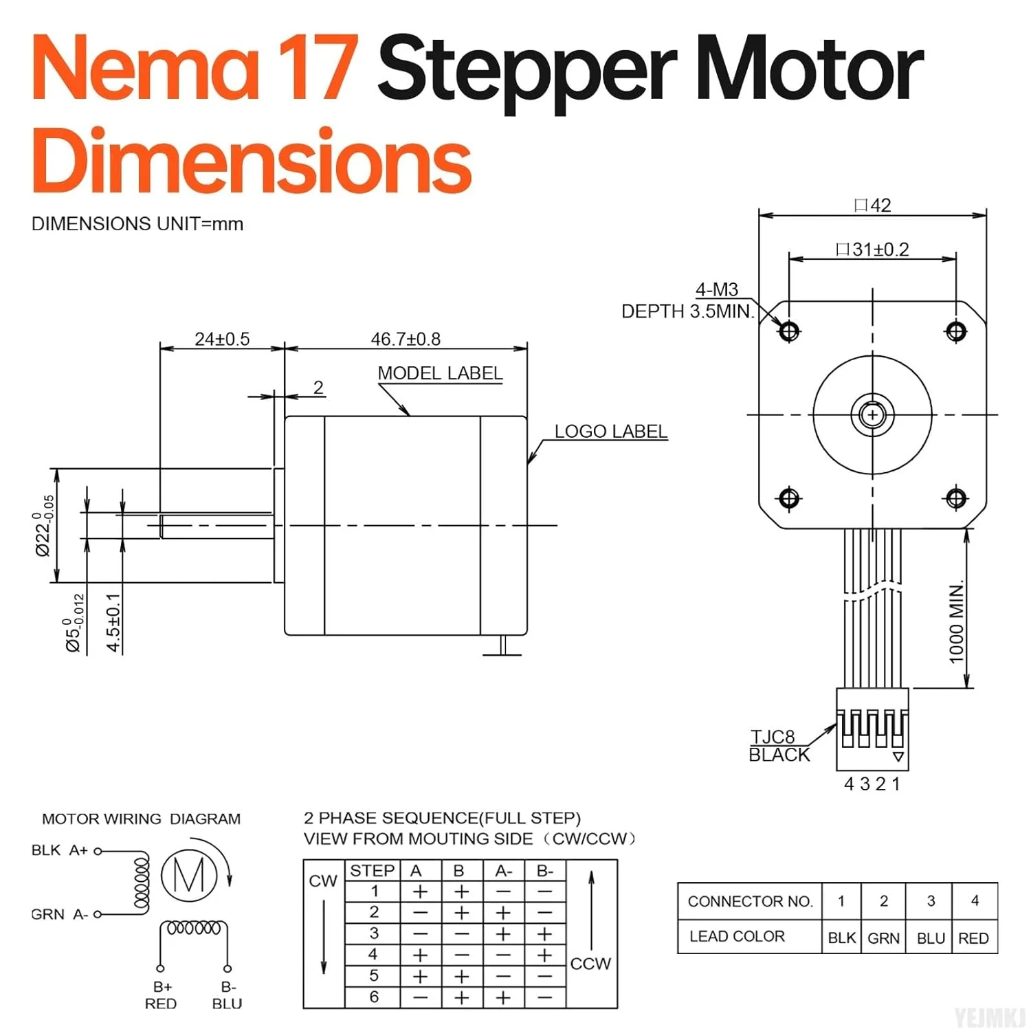 مجموعه 5 عددی موتور پله‌ای Nema 17، 1.8 درجه، 2 فاز، گشتاور بالا 0.6Nm (84.97oz·in)، دو قطبی 42x47mm، 2.3A، 1.6Ω، 4 سیم، شفت 24mm φ5mm، کابل 1 متری موتور پله‌ای 42 برای پرینتر سه بعدی، ربات DIY، دستگاه CNC