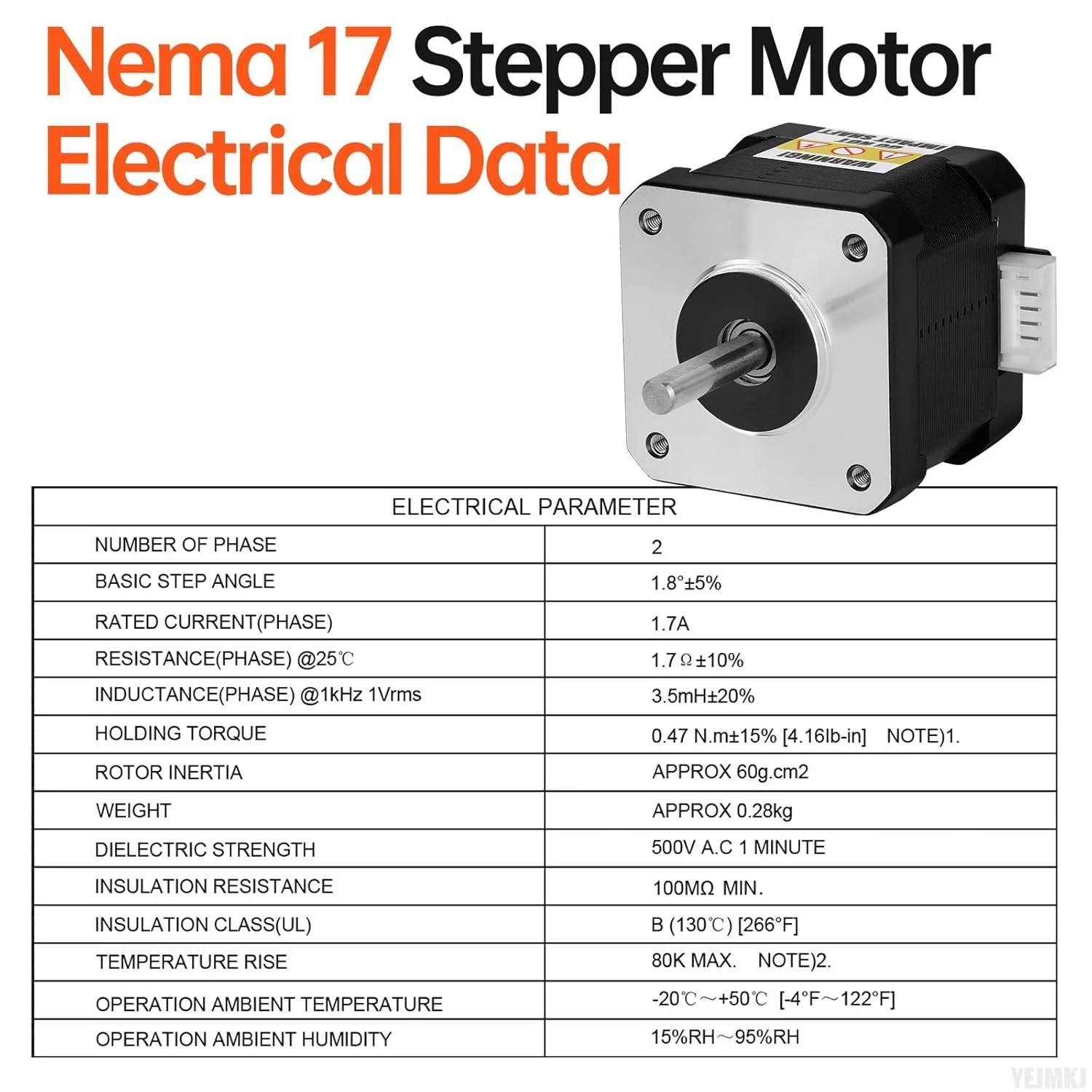 موتور پله ای Nema 17، دو فاز، 1.8 درجه، 0.47 نیوتن متر، گشتاور بالا، دو قطبی 38 میلی متر، 1.7 اهم، 1.7 آمپر، 4 سیم، شفت 24 میلی متر، φ5 میلی متر، کابل 1 متری موتور پله ای 42 برای پرینتر سه بعدی، ربات DIY، ماشین CNC (بسته 5 عددی)