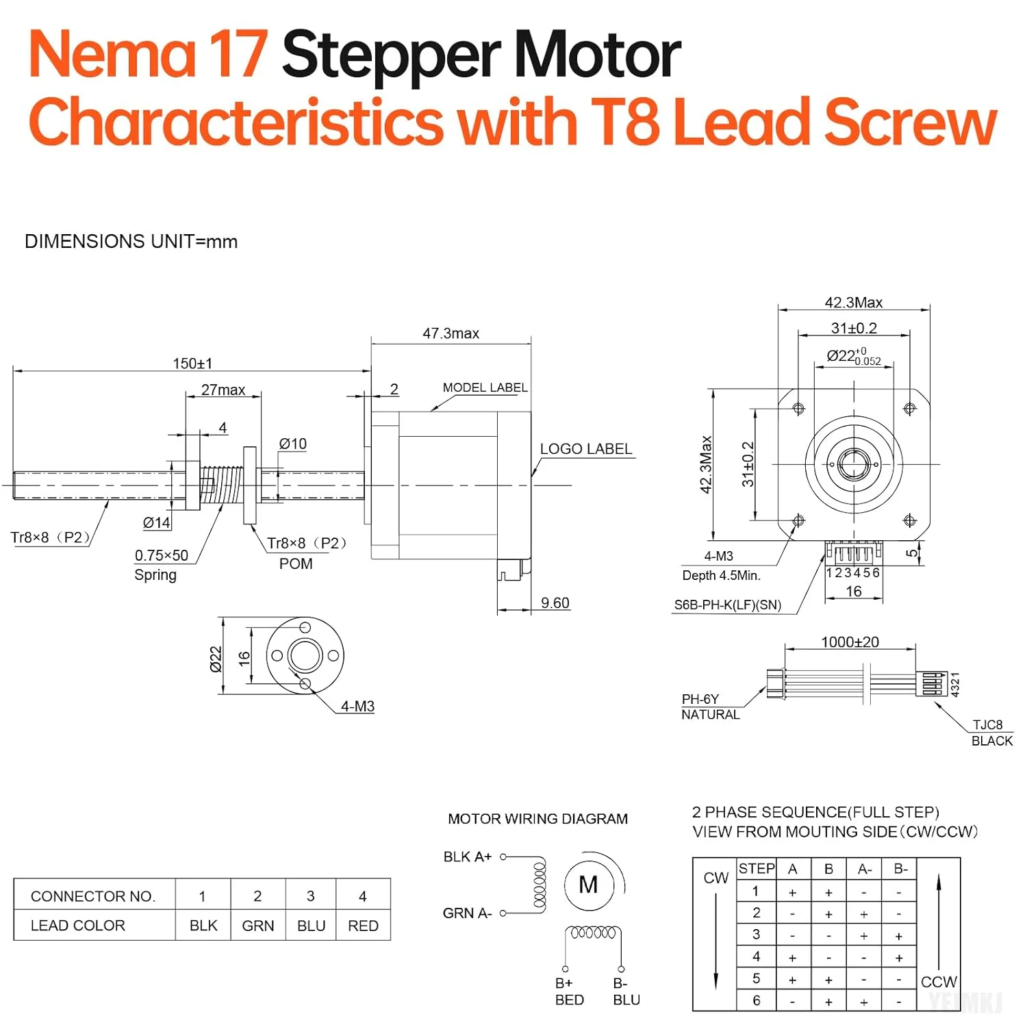 موتور پله ای Nema 17 مدل TR8x8 با پیچ سربی T8 به طول 150 میلی متر، 2 فاز، 1.8 درجه، گشتاور بالا 0.55 نیوتن متر، دو قطبی 1.7 آمپر 2.0 اهم 48 میلی متر، موتور 42 پله، کابل اتصال 4 سیمه 1 متری برای پرینتر سه بعدی، ربات DIY، CNC