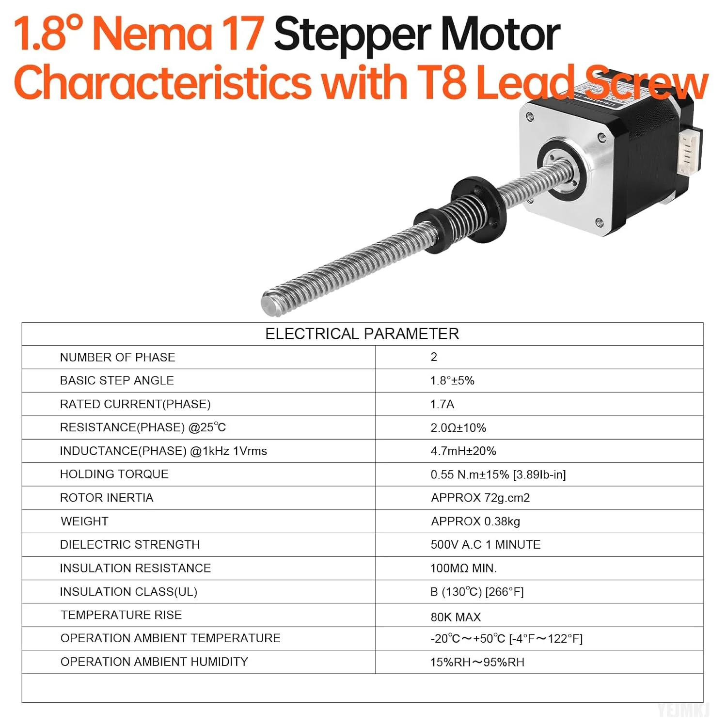 موتور پله ای Nema 17 مدل TR8x8 با پیچ سربی T8 به طول 150 میلی متر، 2 فاز، 1.8 درجه، گشتاور بالا 0.55 نیوتن متر، دو قطبی 1.7 آمپر 2.0 اهم 48 میلی متر، موتور 42 پله، کابل اتصال 4 سیمه 1 متری برای پرینتر سه بعدی، ربات DIY، CNC