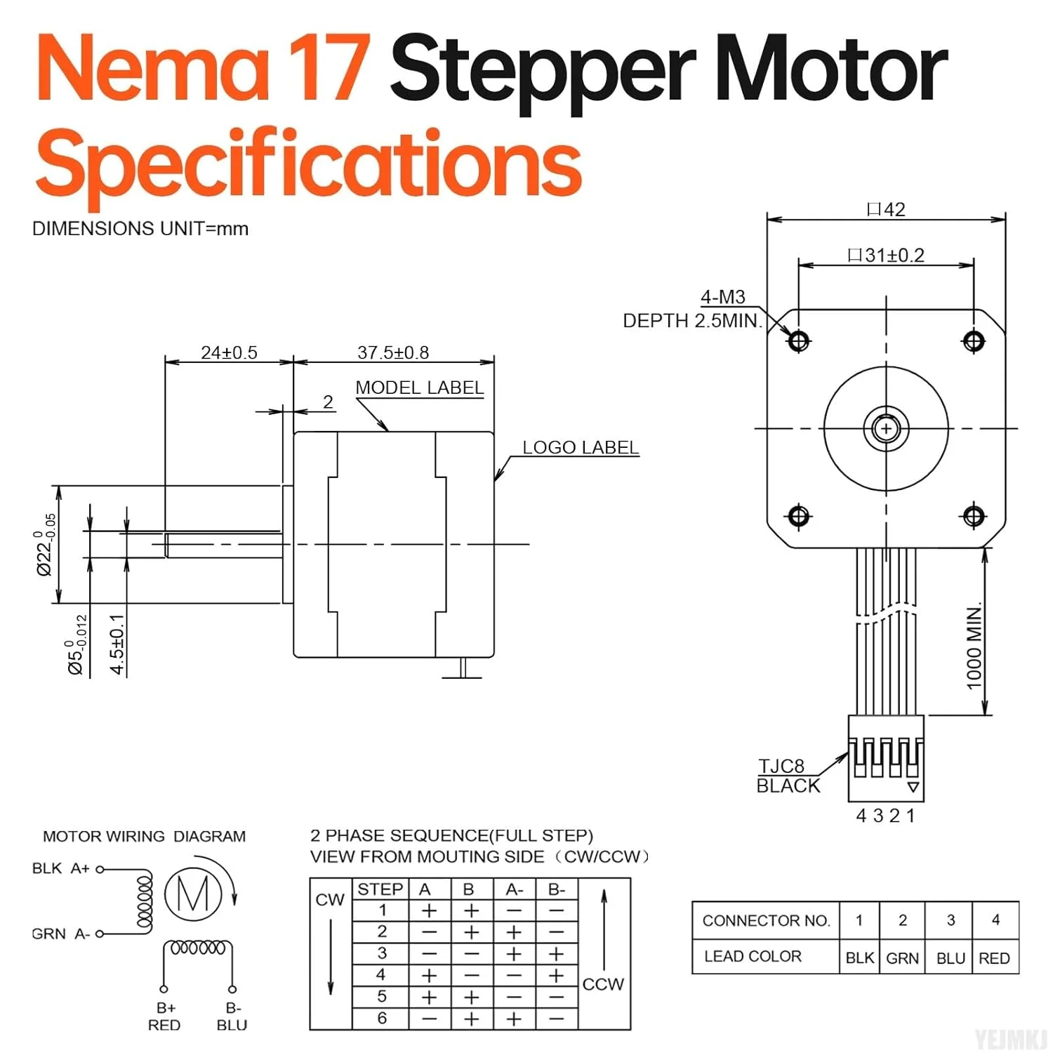 موتور پله ای Nema 17، دو فاز، 1.8 درجه، 0.47 نیوتن متر، گشتاور بالا، دو قطبی 38 میلی متر، 1.7 آمپر، 2.1 اهم، 4 سیم، شفت 24 میلی متر φ5 میلی متر، کابل موتور پله ای 42 به طول 1 متر برای پرینتر سه بعدی، ربات DIY و دستگاه CNC