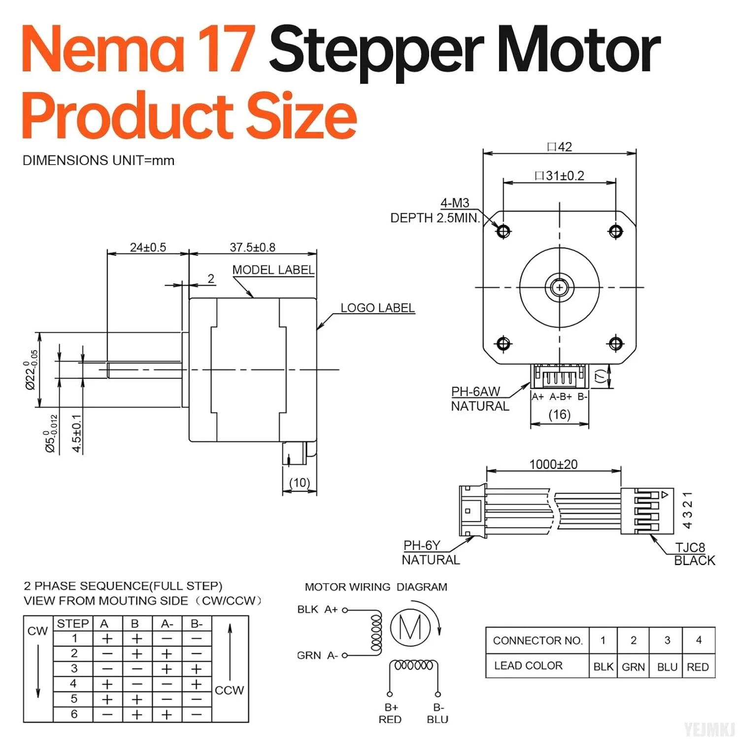 بسته 10 عددی موتور پله ای Nema 17، دو فاز، 1.8 درجه، 0.47 نیوتن متر (66.56 اونس-اینچ)، گشتاور بالا، دو قطبی 38 میلی متر، 1.7 آمپر، 1.7 اهم، 4 سیمه، شفت 24 میلی متر φ5 میلی متر، کابل 1 متری موتور پله ای 42 برای پرینتر سه بعدی، ربات DIY، دستگاه CNC