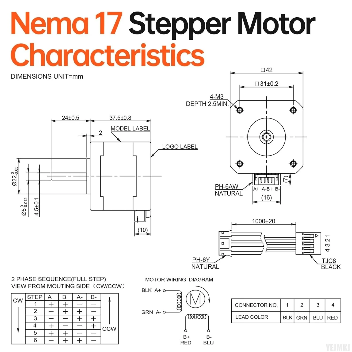 موتور پله‌ای Nema 17، دو فاز، ۱.۸ درجه، ۰.۴۷ نیوتن‌متر، گشتاور بالا، دو قطبی، ۳۸ میلی‌متر، ۱.۷ آمپر، ۱.۷ اهم، ۴ سیم، شفت ۲۴ میلی‌متر φ۵ میلی‌متر، کابل ۱ متری موتور پله‌ای ۴۲ برای پرینتر سه بعدی، ربات DIY، دستگاه CNC