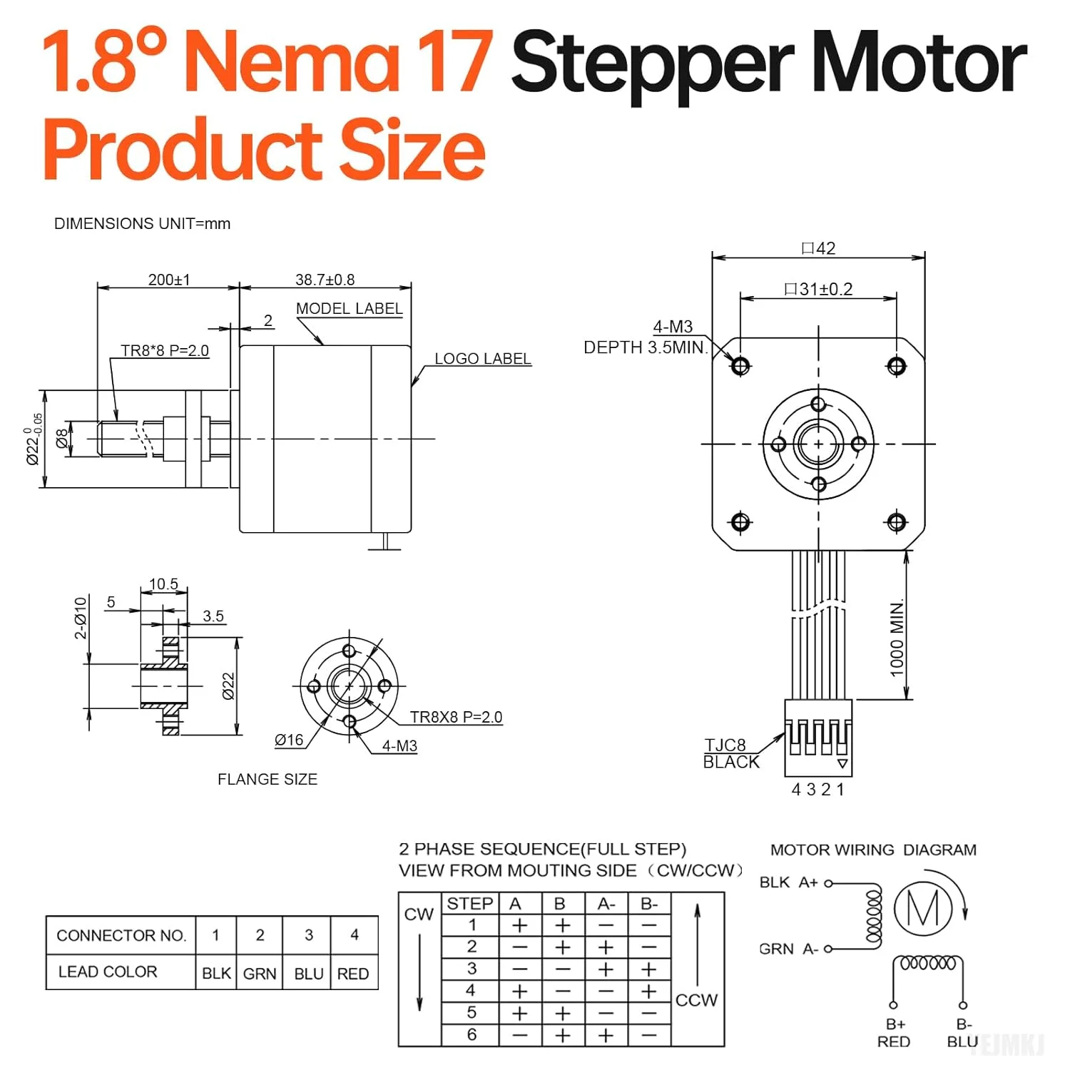 مجموعه 3 عددی موتور پله ای Nema 17 TR8x8 200mm به همراه پیچ سربی T8، 1.8 درجه، 2 فاز، گشتاور بالا 0.44Nm (62.31oz·in)، دو قطبی 1.7A 2.2Ω 39mm 42 موتور پله ای به همراه کابل 1 متری برای پرینتر سه بعدی، ربات DIY و CNC