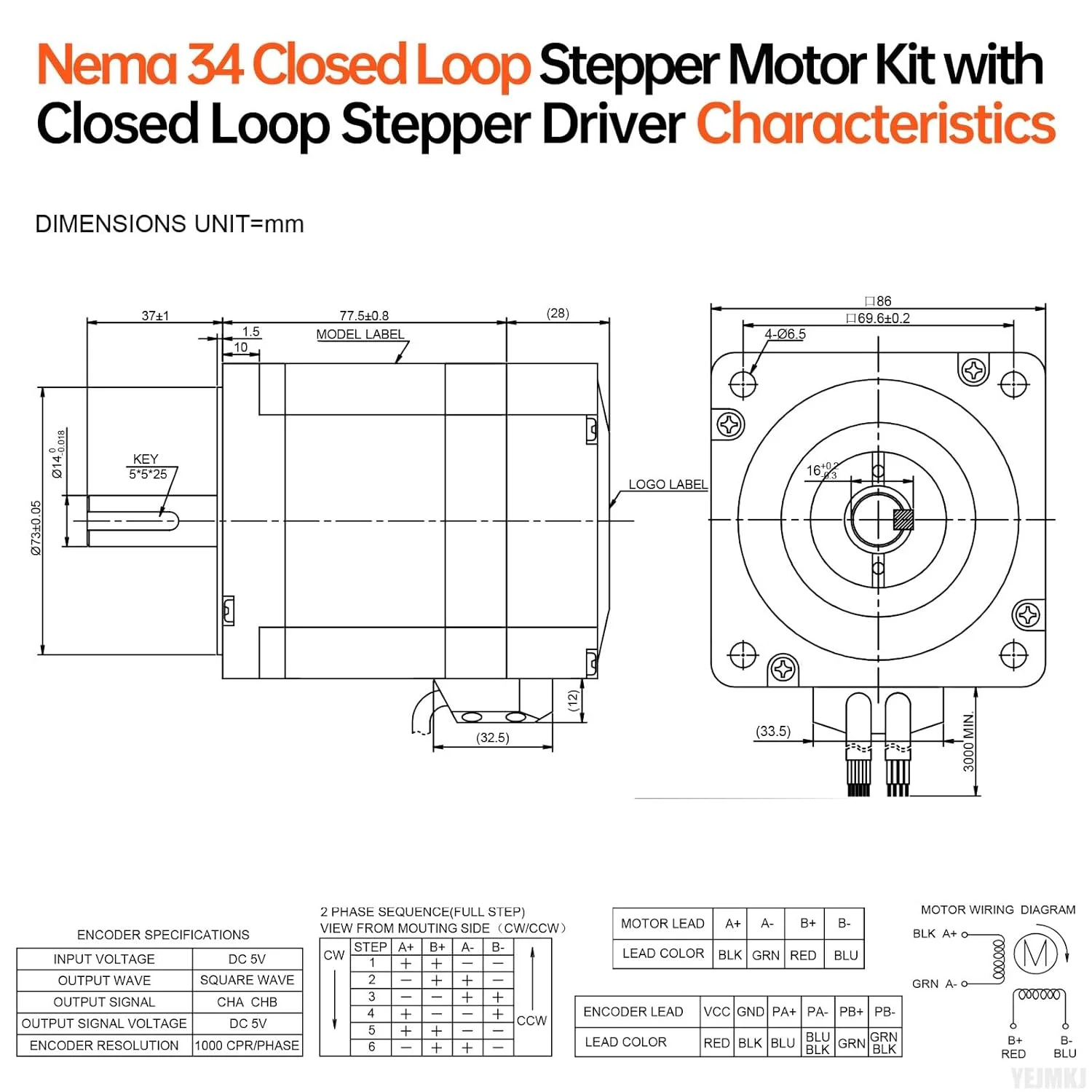 کیت موتور پله ای حلقه بسته Nema 34 با درایور پله ای حلقه بسته، 2 فاز، 1.8 درجه، گشتاور بالا 5.2 نیوتن متر (736.38 اونس در اینچ)، دو قطبی 6.4 آمپر، 0.4 اهم، کابل 78 میلی متری 3 متری برای CNC، روتر، پرینتر سه بعدی، ربات DIY