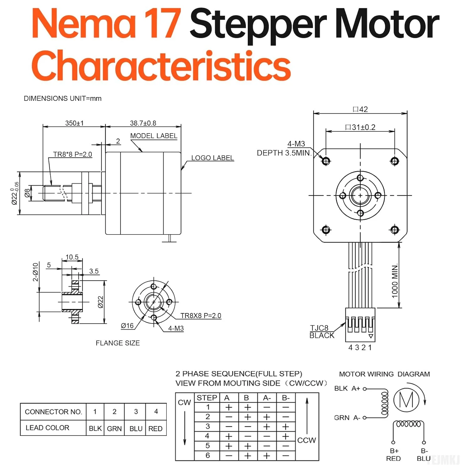 مجموعه 3 عددی موتور پله ای Nema 17 TR8x8 350mm به همراه پیچ سربی T8، دو فاز 1.8 درجه، گشتاور بالا 0.44Nm (62.31oz·in)، دو قطبی 1.7A 2.2Ω 39mm 42 موتور پله ای به همراه کابل 1 متری برای پرینتر سه بعدی، ربات DIY، CNC