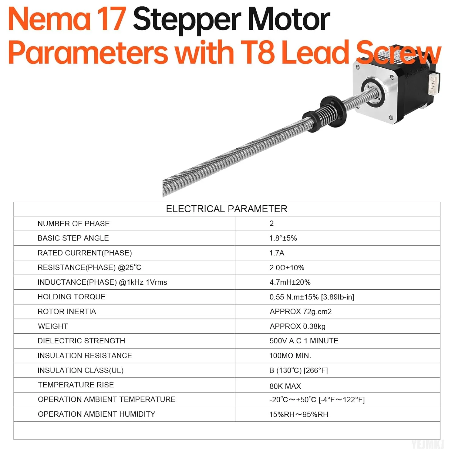 موتور پله ای Nema 17 TR8x8 350mm با پیچ سربی T8، دو فاز 1.8 درجه، گشتاور بالا 0.55Nm (77.89oz·in)، 1.7A، 2.0Ω، دو قطبی 42x48mm، کابل اتصال 4 سیم 1 متری برای پرینتر سه بعدی، ربات DIY، CNC