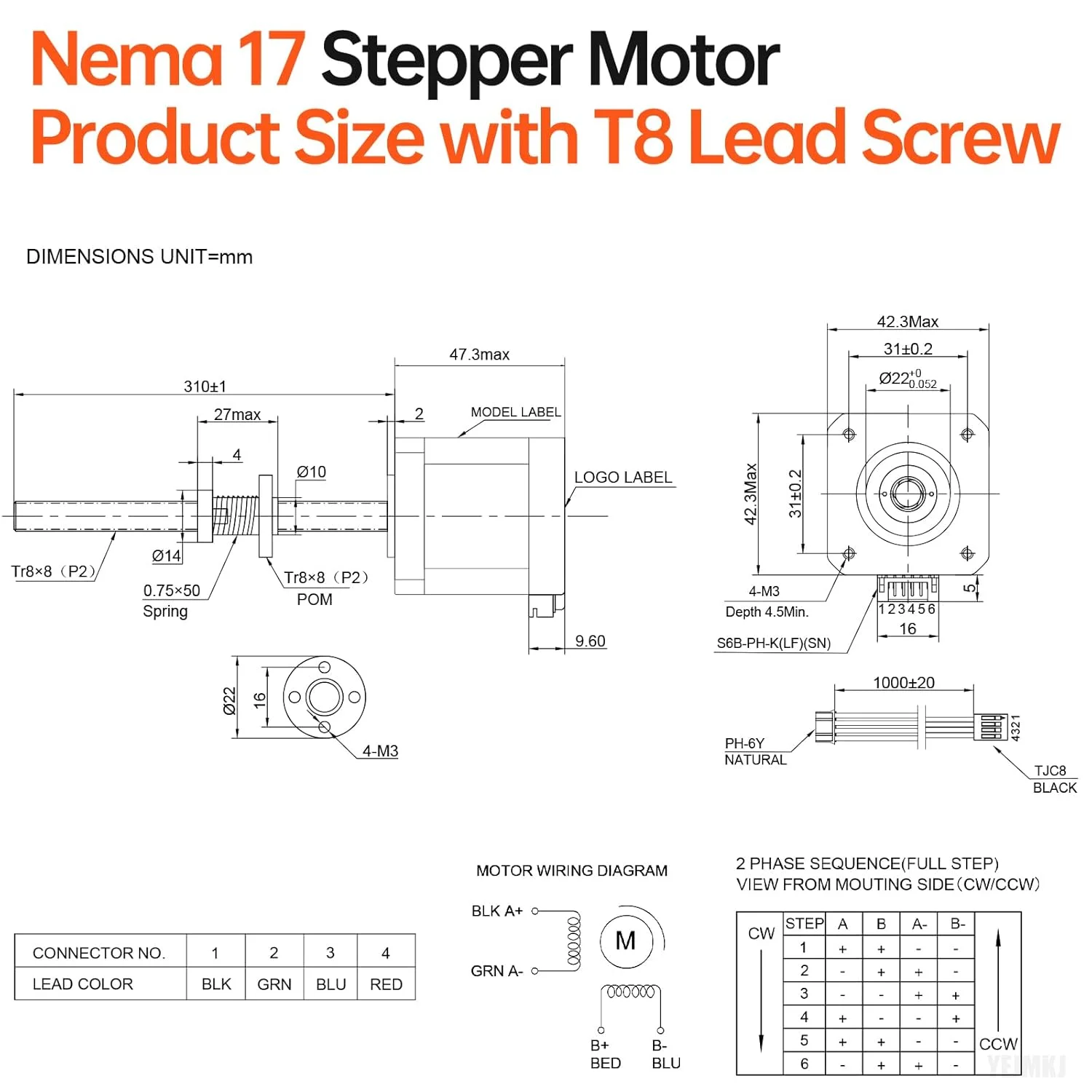 موتور پله‌ای Nema 17 مدل TR8x8 310mm به همراه پیچ T8، زاویه گام 1.8 درجه، 2 فاز، گشتاور بالا 0.55Nm (77.89oz·in)، دو قطبی 1.7A، 2.0Ω، 48mm، موتور 42 پله، کابل اتصال 4 سیمه 1 متری برای پرینتر سه بعدی، ربات DIY و CNC