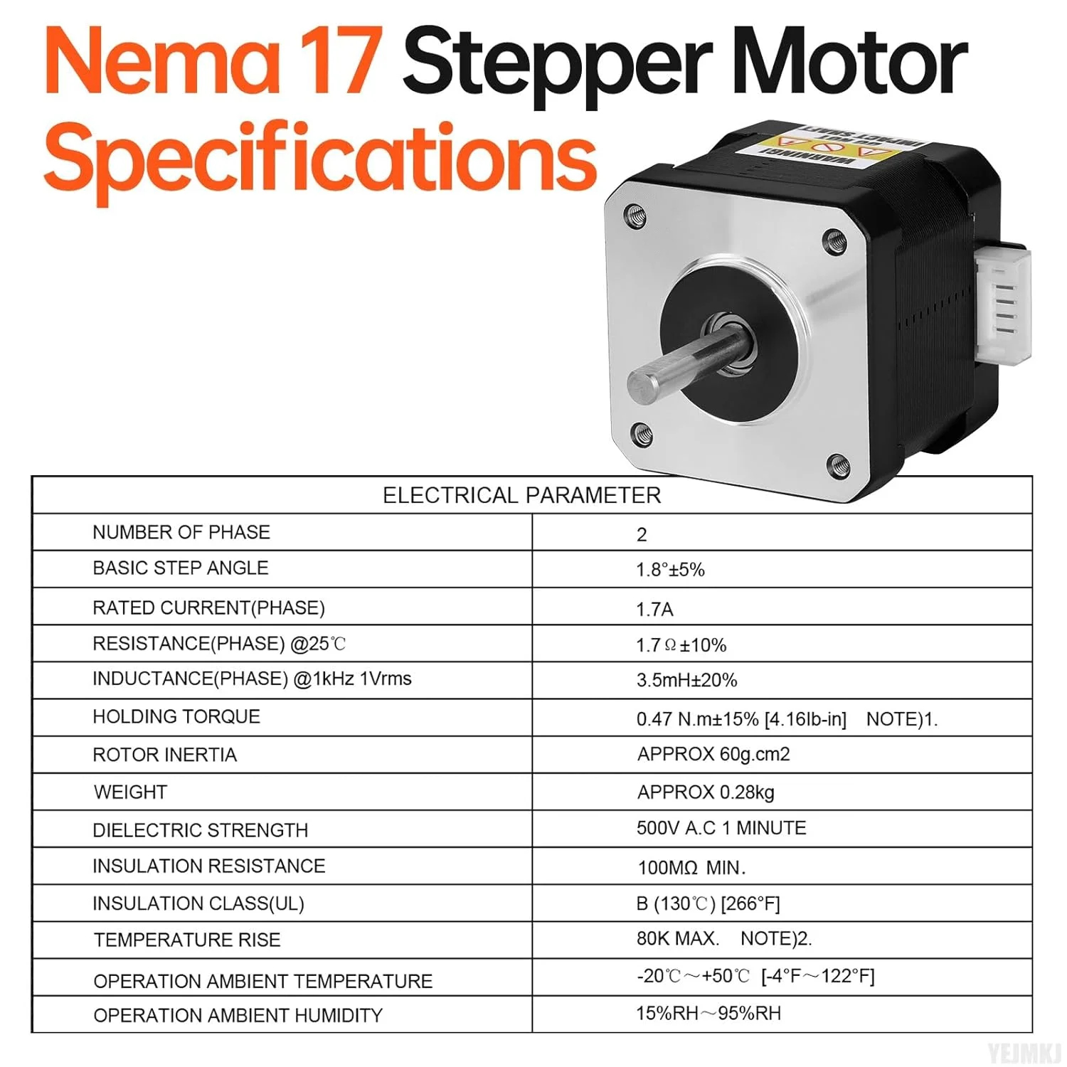 موتور پله‌ای Nema 17، دو فاز، ۱.۸ درجه، ۰.۴۷ نیوتن‌متر، گشتاور بالا، دو قطبی، ۳۸ میلی‌متر، ۱.۷ آمپر، ۱.۷ اهم، ۴ سیم، شفت ۲۴ میلی‌متر φ۵ میلی‌متر، کابل ۱ متری موتور پله‌ای ۴۲ برای پرینتر سه بعدی، ربات DIY، دستگاه CNC