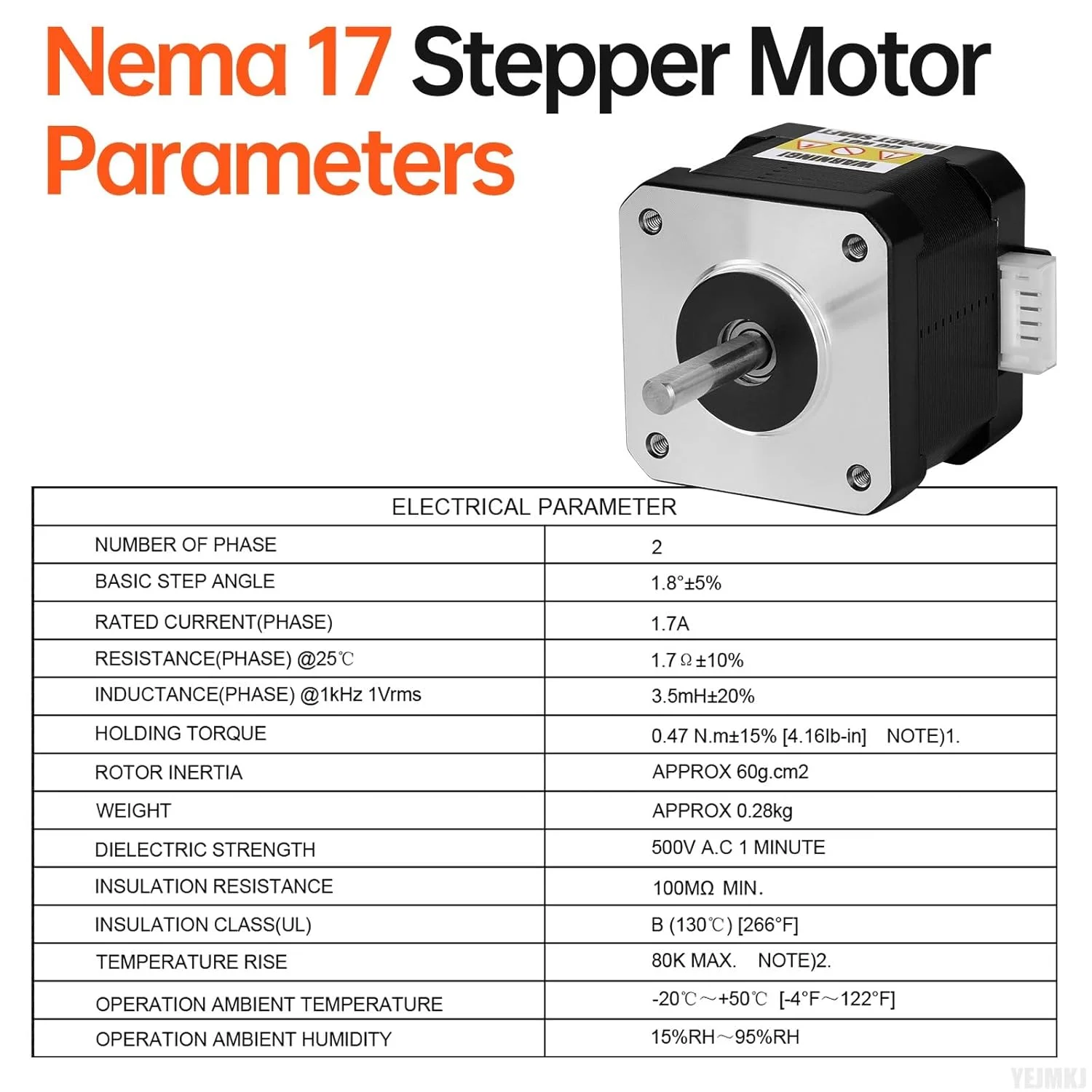 بسته 10 عددی موتور پله ای Nema 17، دو فاز، 1.8 درجه، 0.47 نیوتن متر (66.56 اونس-اینچ)، گشتاور بالا، دو قطبی 38 میلی متر، 1.7 آمپر، 1.7 اهم، 4 سیمه، شفت 24 میلی متر φ5 میلی متر، کابل 1 متری موتور پله ای 42 برای پرینتر سه بعدی، ربات DIY، دستگاه CNC