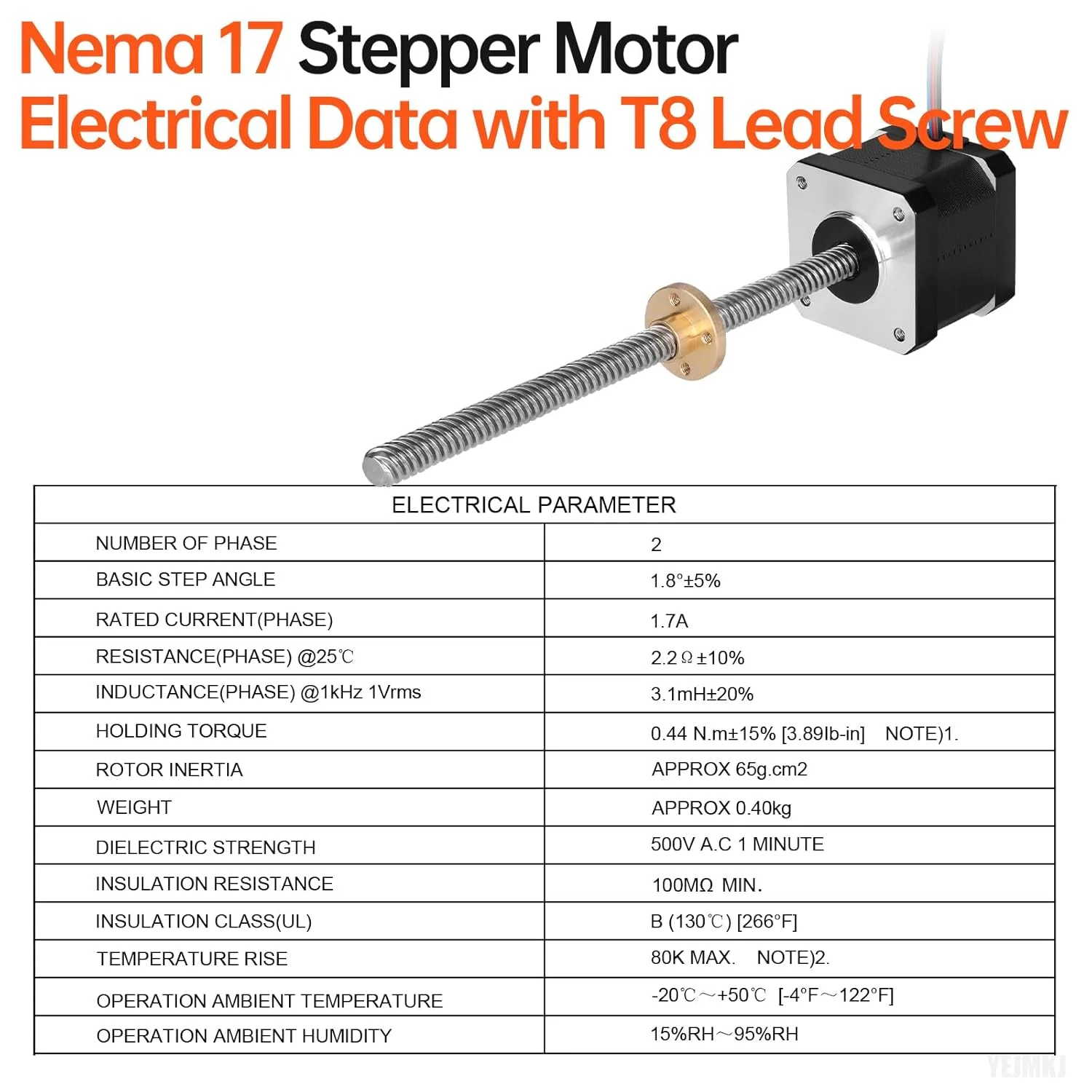 موتور پله ای Nema 17 مدل TR8x8 300mm به همراه پیچ T8، دو فاز، 1.8 درجه، گشتاور بالا 0.44Nm (62.31oz·in)، دوقطبی 1.7A 2.2Ω 39mm 42 به همراه کابل 1 متری برای پرینتر سه بعدی، ربات DIY و CNC (بسته 3 عددی)