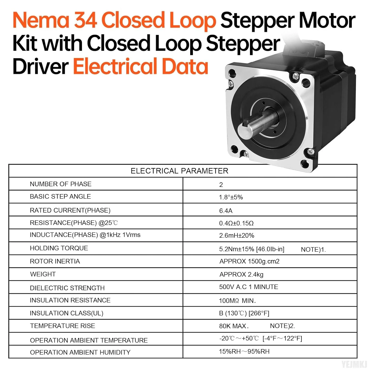 کیت موتور پله ای حلقه بسته Nema 34 با درایور پله ای حلقه بسته، 2 فاز، 1.8 درجه، گشتاور بالا 5.2 نیوتن متر (736.38 اونس در اینچ)، دو قطبی 6.4 آمپر، 0.4 اهم، کابل 78 میلی متری 3 متری برای CNC، روتر، پرینتر سه بعدی، ربات DIY