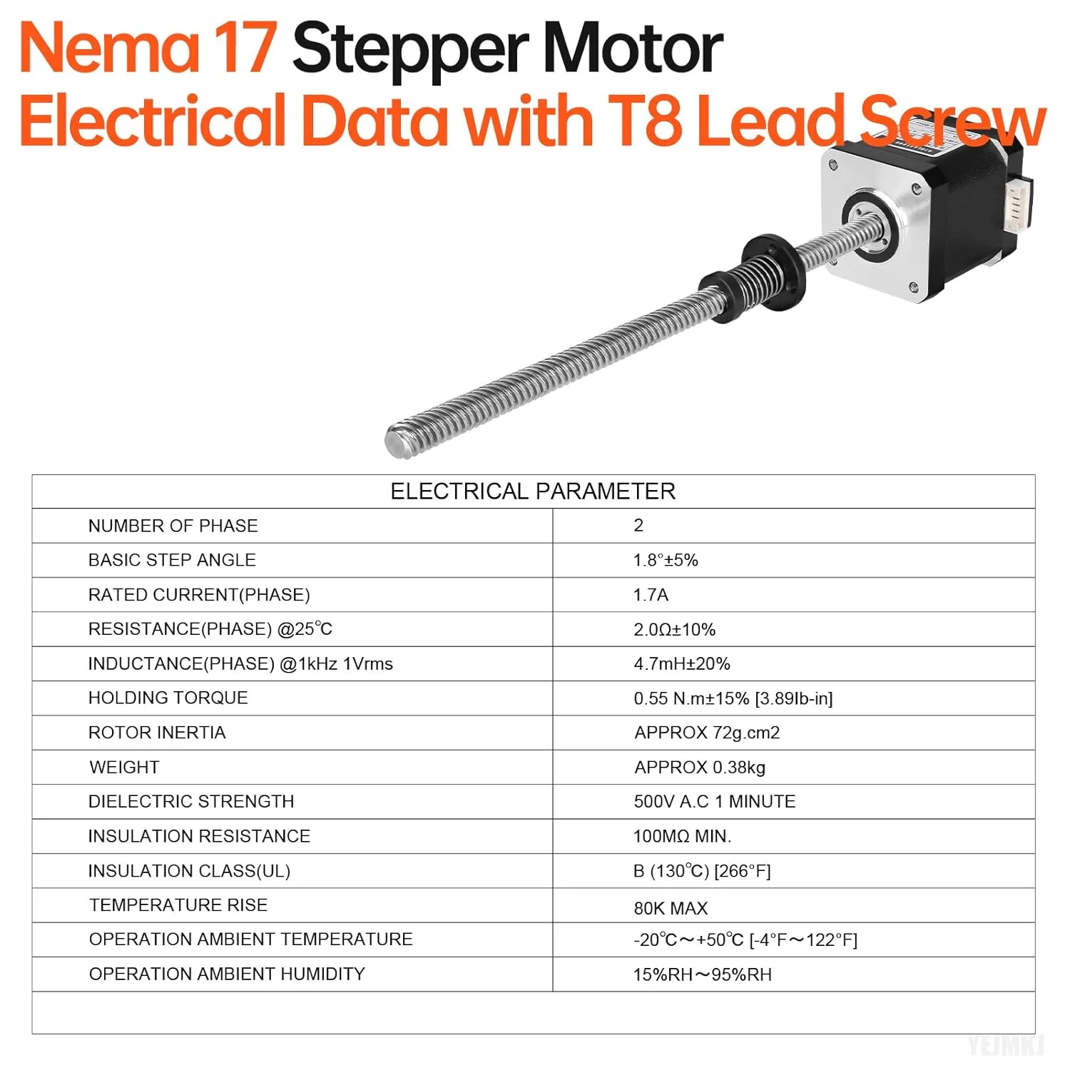 موتور پله‌ای Nema 17 مدل TR8x8 310mm به همراه پیچ T8، زاویه گام 1.8 درجه، 2 فاز، گشتاور بالا 0.55Nm (77.89oz·in)، دو قطبی 1.7A، 2.0Ω، 48mm، موتور 42 پله، کابل اتصال 4 سیمه 1 متری برای پرینتر سه بعدی، ربات DIY و CNC