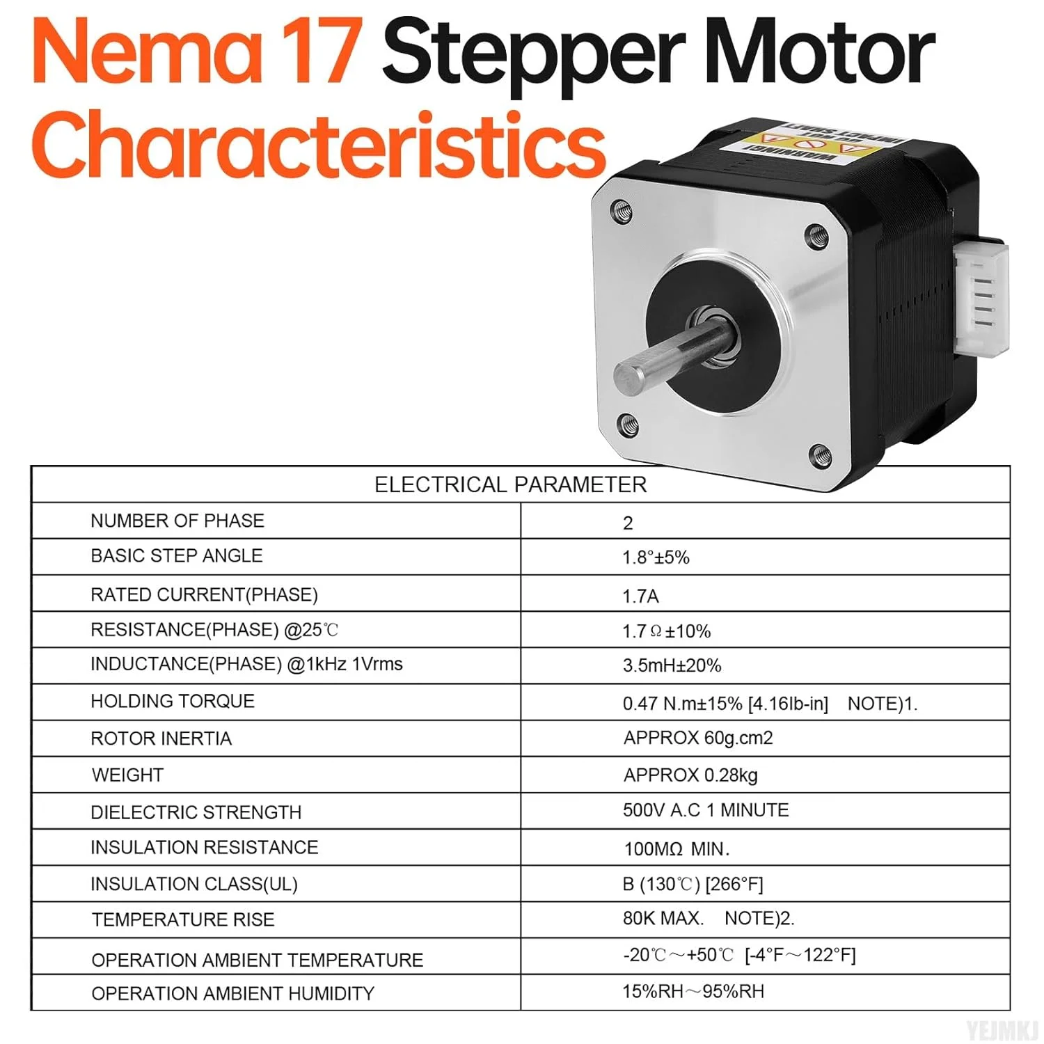 موتور پله ای Nema 17، 1.8 درجه، 2 فاز، گشتاور بالا 0.47Nm، دو قطبی 42x38mm، 1.7A، 1.7Ω، 4 سیم، شفت 24mm φ5mm، موتور پله ای 42 به همراه کابل 1 متری برای پرینتر سه بعدی، ربات DIY، دستگاه CNC (بسته 3 عددی)
