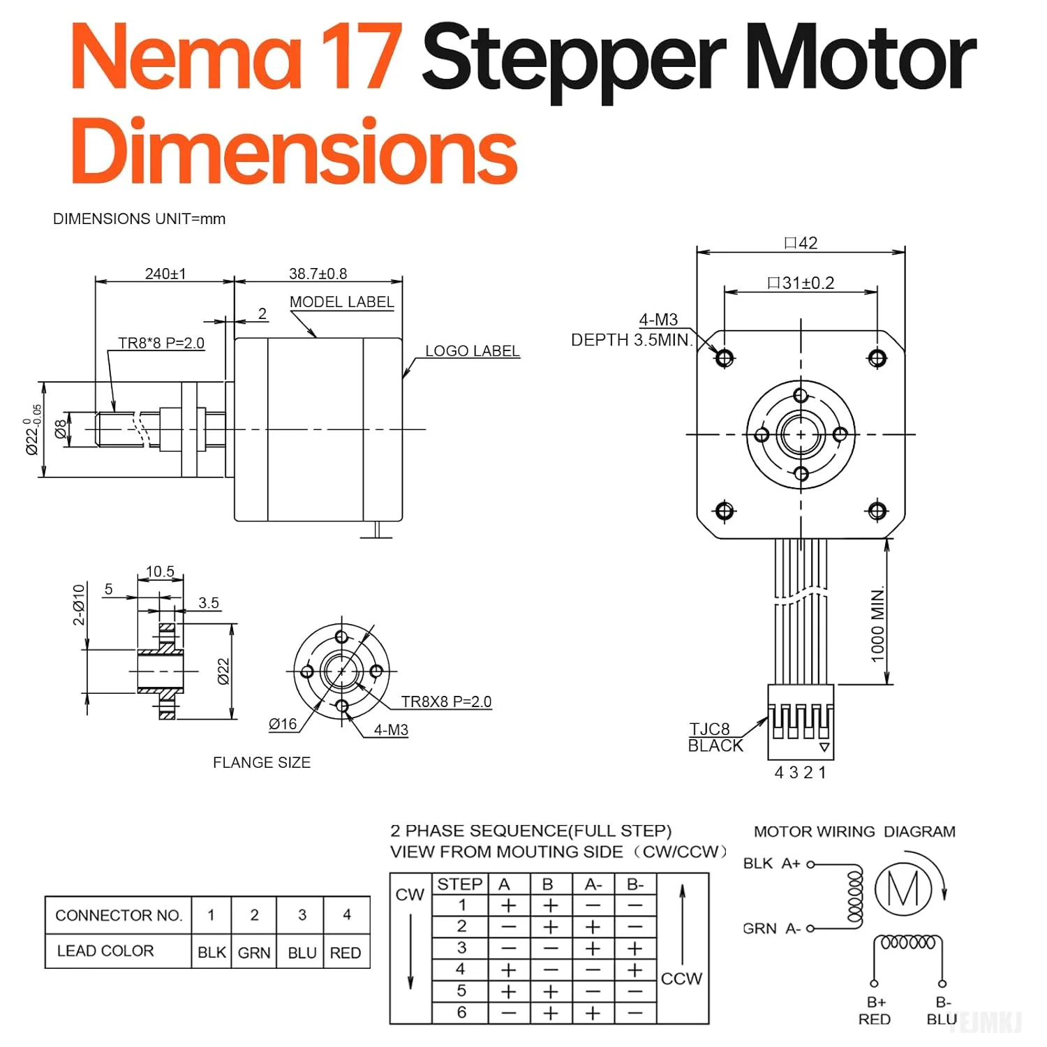 3 Pack Nema 17 Stepper Motor TR8x8 240mm with T8 Lead Screw 1.8‌°‌ 2 Phase High Torque 0.44Nm (62.31oz·in) Bipolar 1.7A 2.2Ω 39mm 42 Stepper Motor incl. Cable 1M for 3D Printer DIY Robot CNC