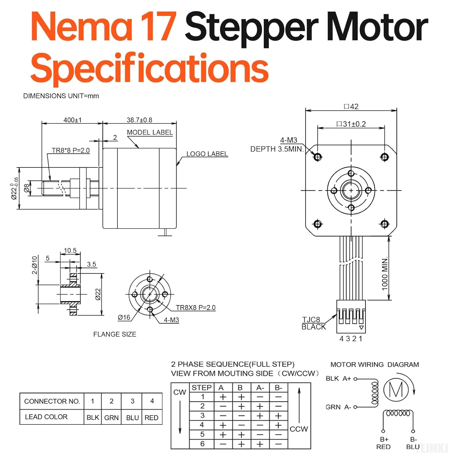 مجموعه 3 عددی موتور پله ای Nema 17 TR8x8 400mm به همراه پیچ سربی T8 با زاویه گام 1.8 درجه، 2 فاز، گشتاور بالا 0.44Nm (62.31oz·in)، دوقطبی 1.7A 2.2Ω، 39mm 42 موتور پله ای به همراه کابل 1 متری برای پرینتر سه بعدی، ربات DIY و CNC