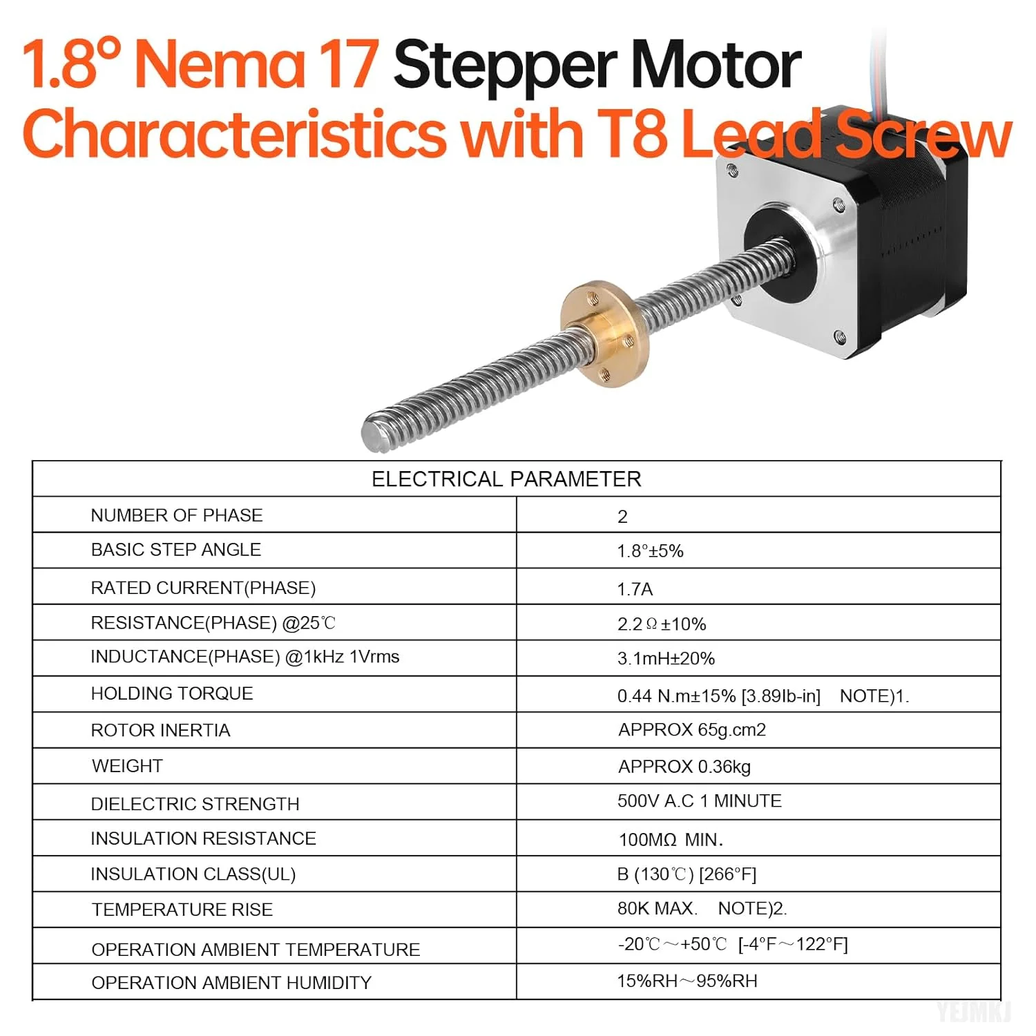 موتور پله‌ای Nema 17 مدل TR8x8 200mm به همراه پیچ سربی T8، دو فاز، 1.8 درجه، گشتاور بالا 0.44Nm (62.31oz·in)، دو قطبی 1.7A 2.2Ω 39mm، کابل 4 سیمه موتور پله‌ای 42 به طول 1 متر برای پرینتر سه بعدی، ربات DIY و دستگاه CNC