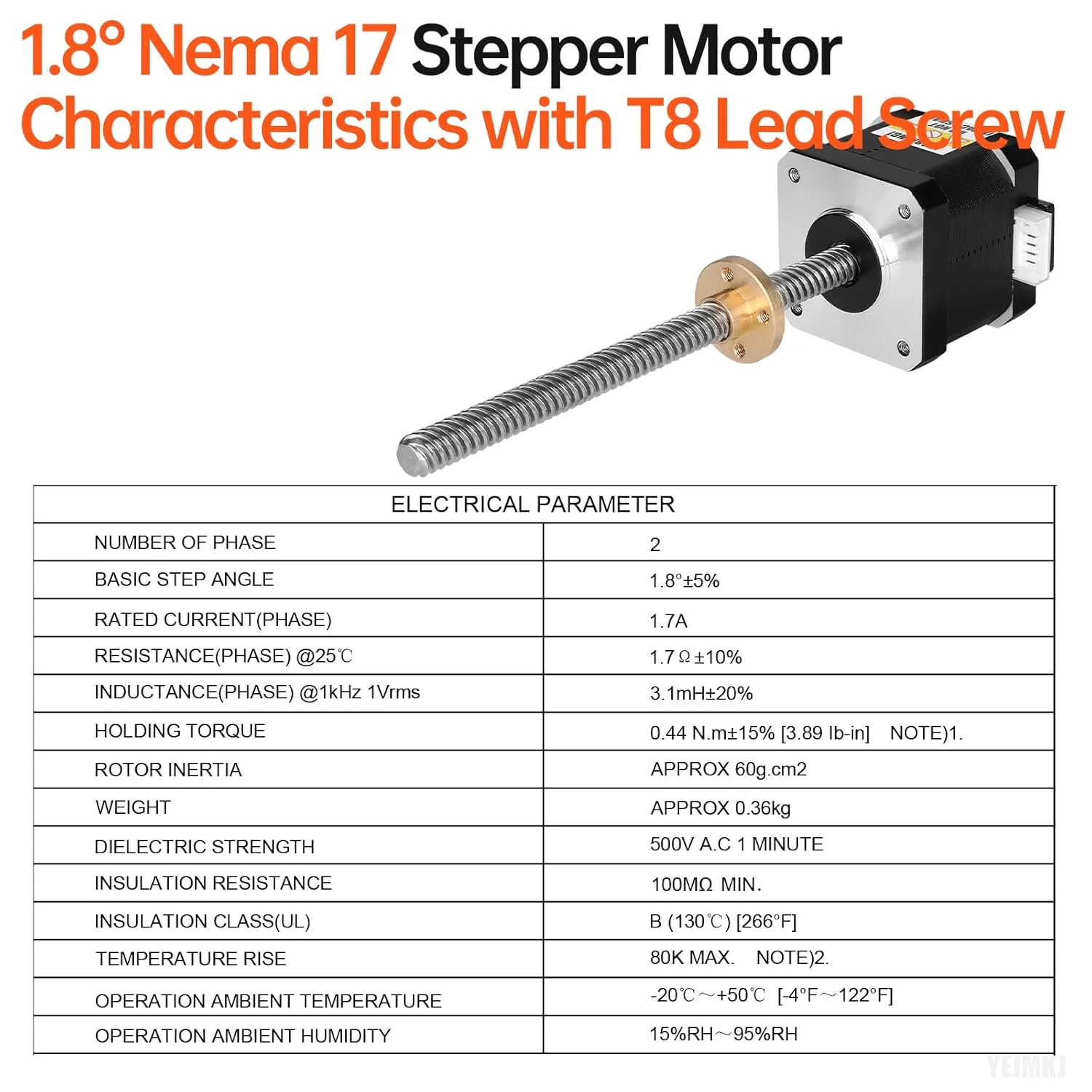 موتور پله ای Nema 17 TR8x8 210mm با پیچ سربی T8، دو فاز 1.8 درجه، گشتاور بالا 0.44Nm (62.31oz·in)، دوقطبی 1.7A 1.7Ω 40mm، موتور 42 پله، کابل اتصال 4 سیم 1 متری برای پرینتر سه بعدی، ربات DIY، CNC