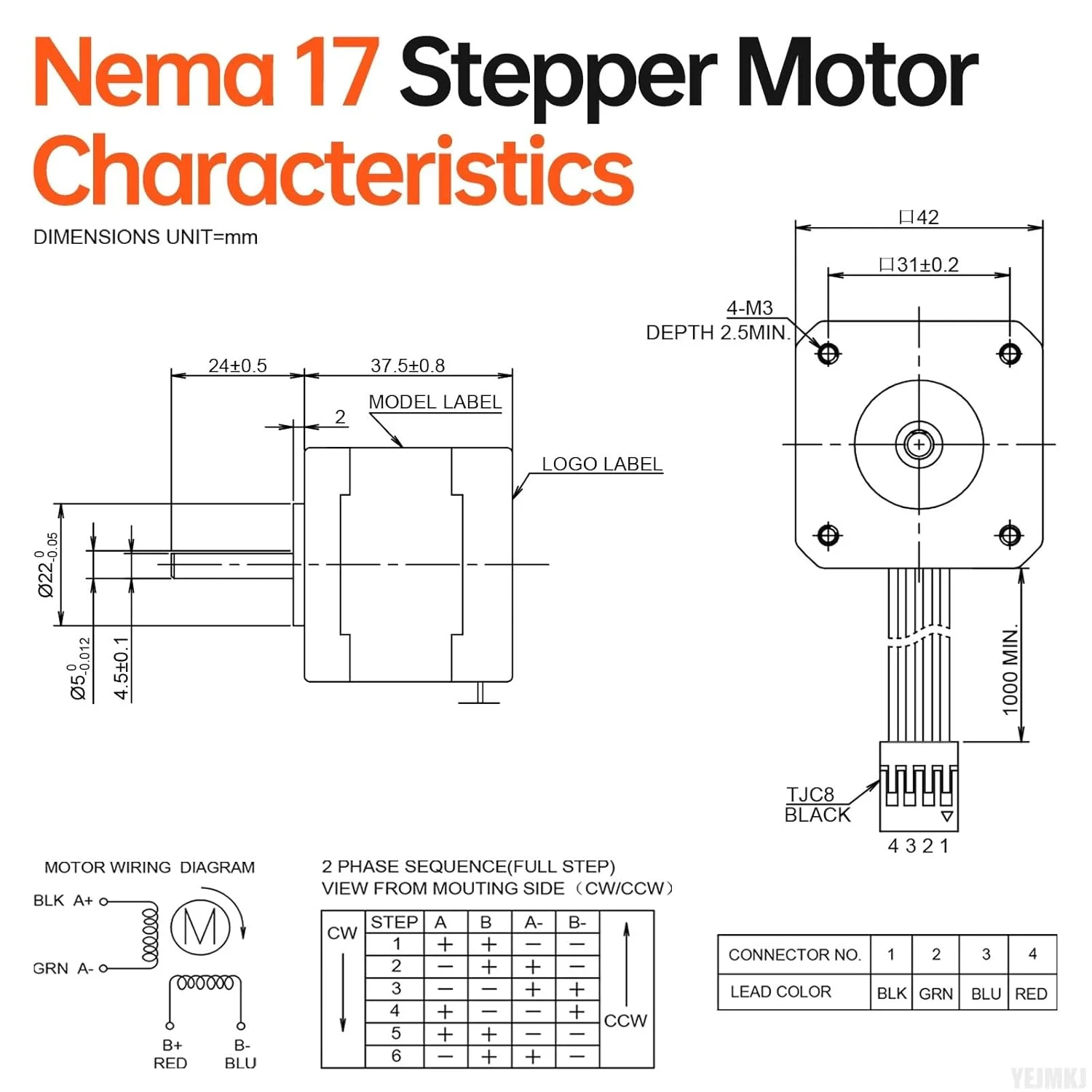 موتور پله‌ای Nema 17، 1.8 درجه، 2 فاز، گشتاور بالا 0.47Nm (66.56oz·in)، دو قطبی 42x38mm، 1.7A، 2.1Ω، 4 سیمه، شفت 24mm φ5mm، موتور پله‌ای 42 به همراه کابل 1 متری برای پرینتر سه بعدی، ربات DIY، دستگاه CNC، بسته 3 عددی