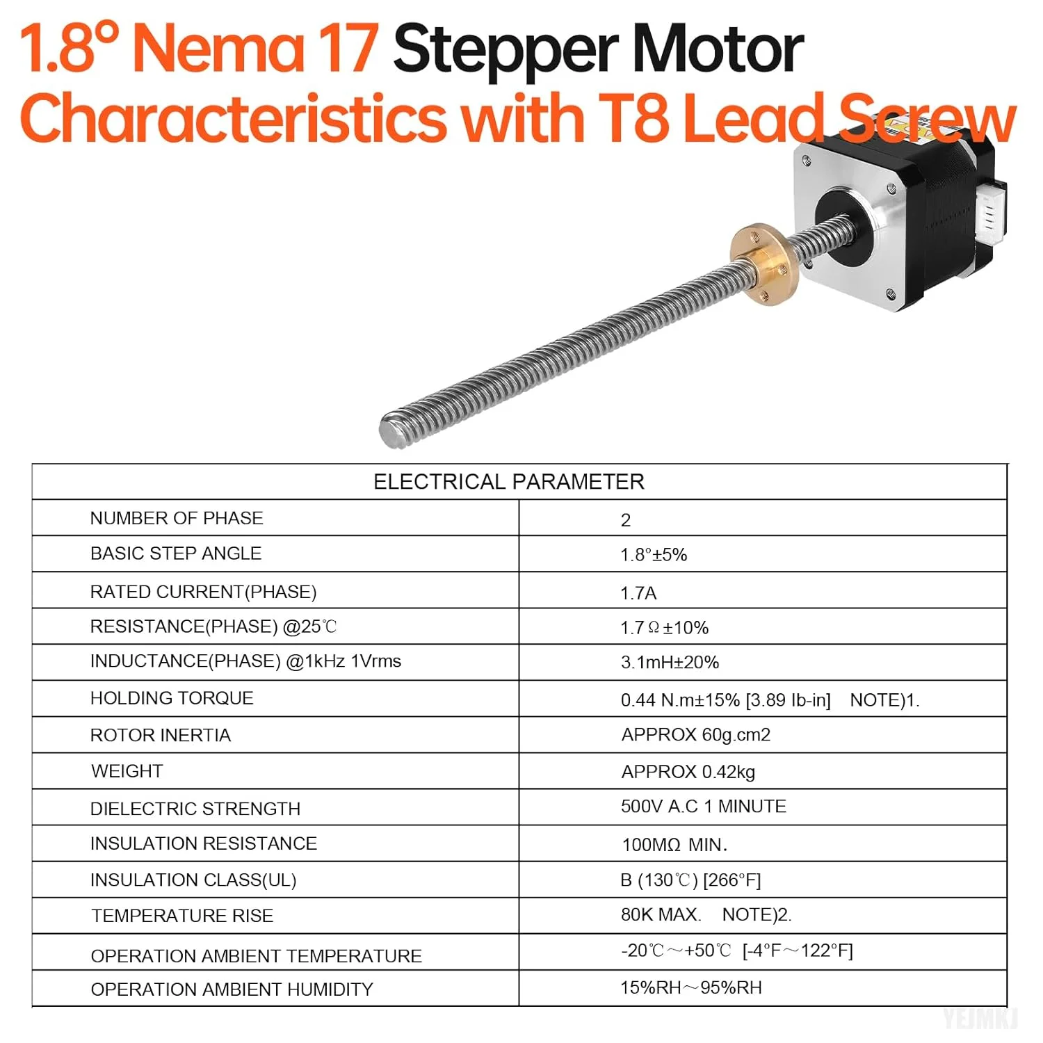 موتور پله ای Nema 17 TR8x8 350mm با پیچ سربی T8، دو فاز، 1.8 درجه، گشتاور بالا 0.44Nm (62.31oz·in)، دوقطبی 1.7A 1.7Ω، 40mm 42، موتور پله ای 4 سیمه، کابل اتصال 1 متری برای پرینتر سه بعدی، ربات DIY، CNC
